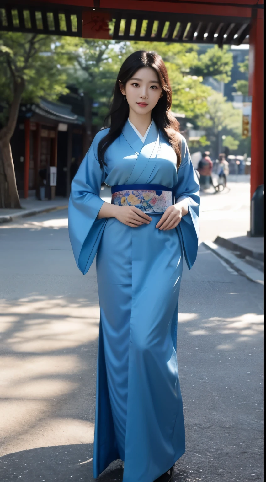 Foto hiperrealista en primer plano de Kim Ji-soo from Korea, masterpiece, best quality, (photorealistic:1.4), full body, blue Korean kimono, China Town, sunny day, cinematic light, beautiful woman, skinny, large big breasts, black long hair, detailed face, smile, facing the camera, photo taken from a distance, age of 25 years old