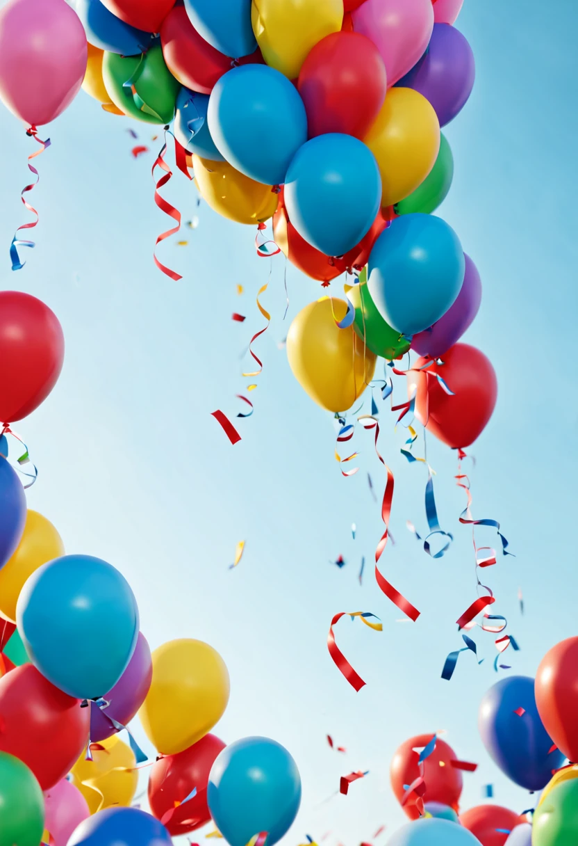 Closeup focus HD image of ribbon cutting balloons.Colorful pieces of paper falling from the sky(best quality,4K,8k,high resolution,masterpiece:1.2),Super detailed,（Super quality，super detailed，super complex，extremely complex）Soft and natural light and shadow.