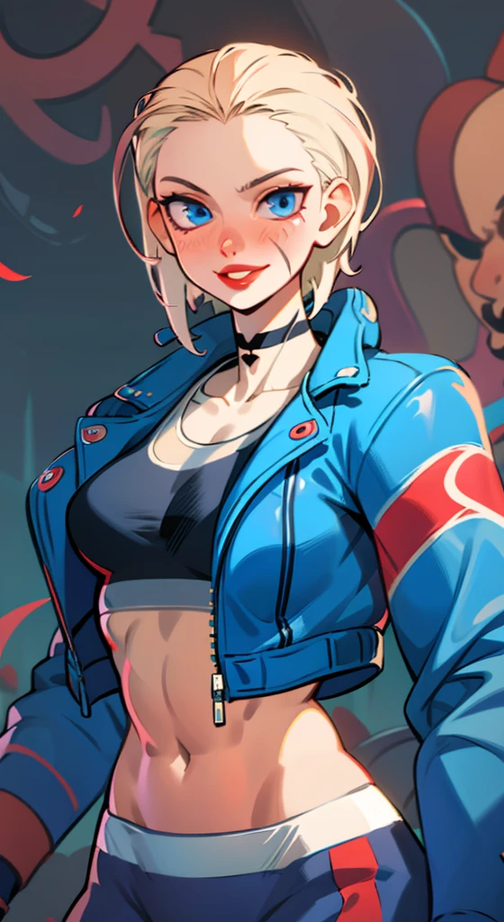 (((illustration))) portrait  cammy_white , cammy sf6,1girl ,solo ,  bang , scar on cheek ,blonde hair , blue eyes, short hair, sports bra, jacket , yoga pant, looking at viewer, upper body ,blush , smile , happy , red lipstick,  veins, beautiful face, full lips, slim face, high cheekbones, muscular, (((in vector style)))