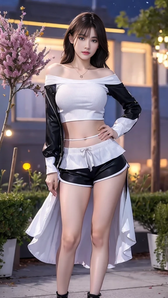 ((top quality, 8k, masterpiece: 1.3)), focus: 1.2, perfect body beautiful: 1.4, butt: 1.2, (layered hairstyle: 1.2)), Highly detailed facial and skin textures, whole body, Narrow your eyes, double eyelids, skin whitening, long hair, (round face: 1.5), (Loose crop top, shorts: 1.6) convex ribbed pleated skirt, The bird&#39;s legs are very long....., (night view:1.3),roof, (frontal shot), (Full body image: 1.3,), Highly detailed facial and skin textures, delicate eyes, double eyelids (cowboy shooting: 1.2),(perfect anatomy:1.2),(wide hips:1.1),necklace,Plumeria,Hibiscus