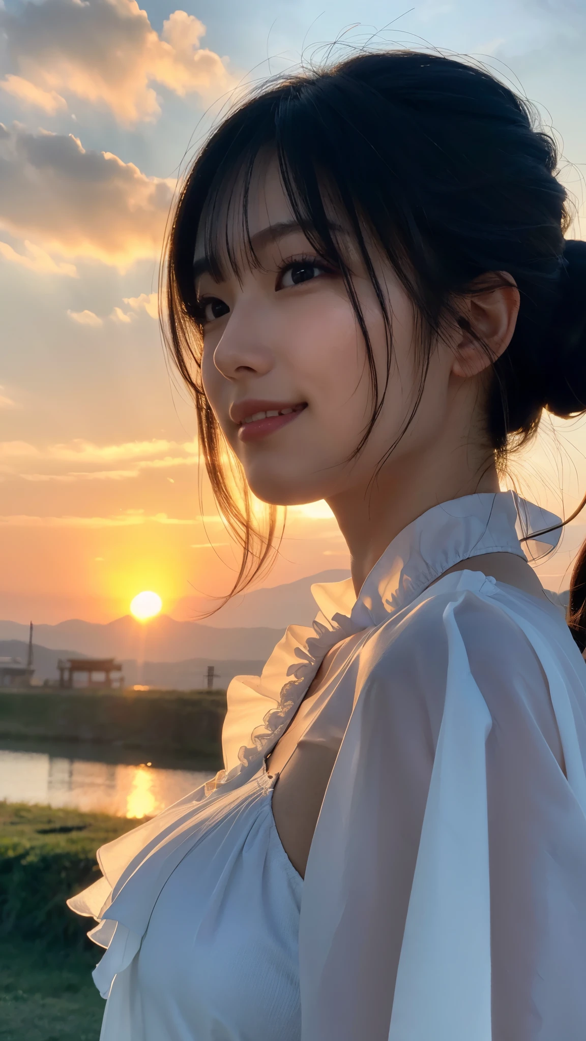 (highest quality,masterpiece:1.3,ultra high resolution),(Super detailed,caustics,8k),(photorealistic:1.4,RAW shooting),[lora:siitake-eye:0.5],(side shot:1.1),(Landscape),(profile),Japanese,28 years old,cute,smile,(Black hair fluttering in the wind:1.2),Middle hair,(big ),white blouse,(face focus),(Face close-up),(bust up shot),(sunset sky),soft light,Natural light,professional writing