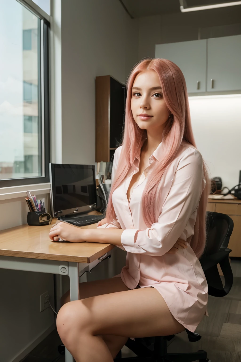 beautiful girl with long pink hair, sitting behind a work desk, looking towards the room, office environment, formal clothes, attention to detail
