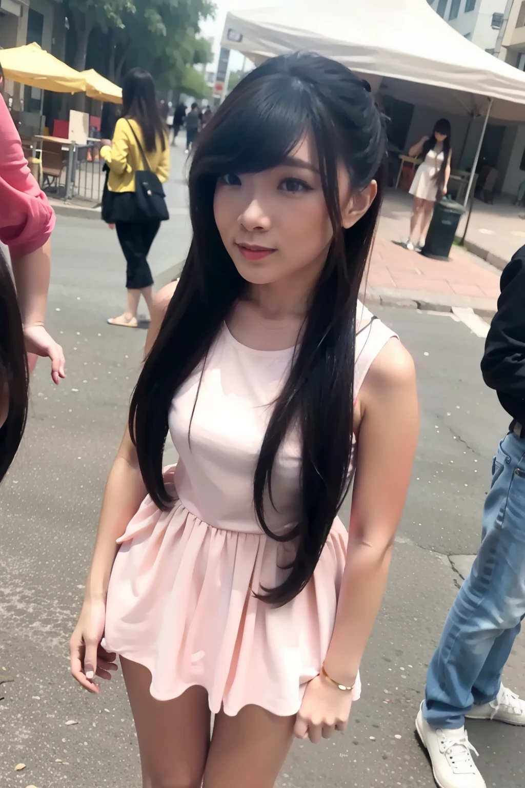 woman, pink mini dress, Smooth thighs, standing style feminine, outdoor, at the downtown, long black hair, bun hair, smile, staring intently, red polish nails, heels, beautiful face, high quality, photorealistic, masterpiece, full body