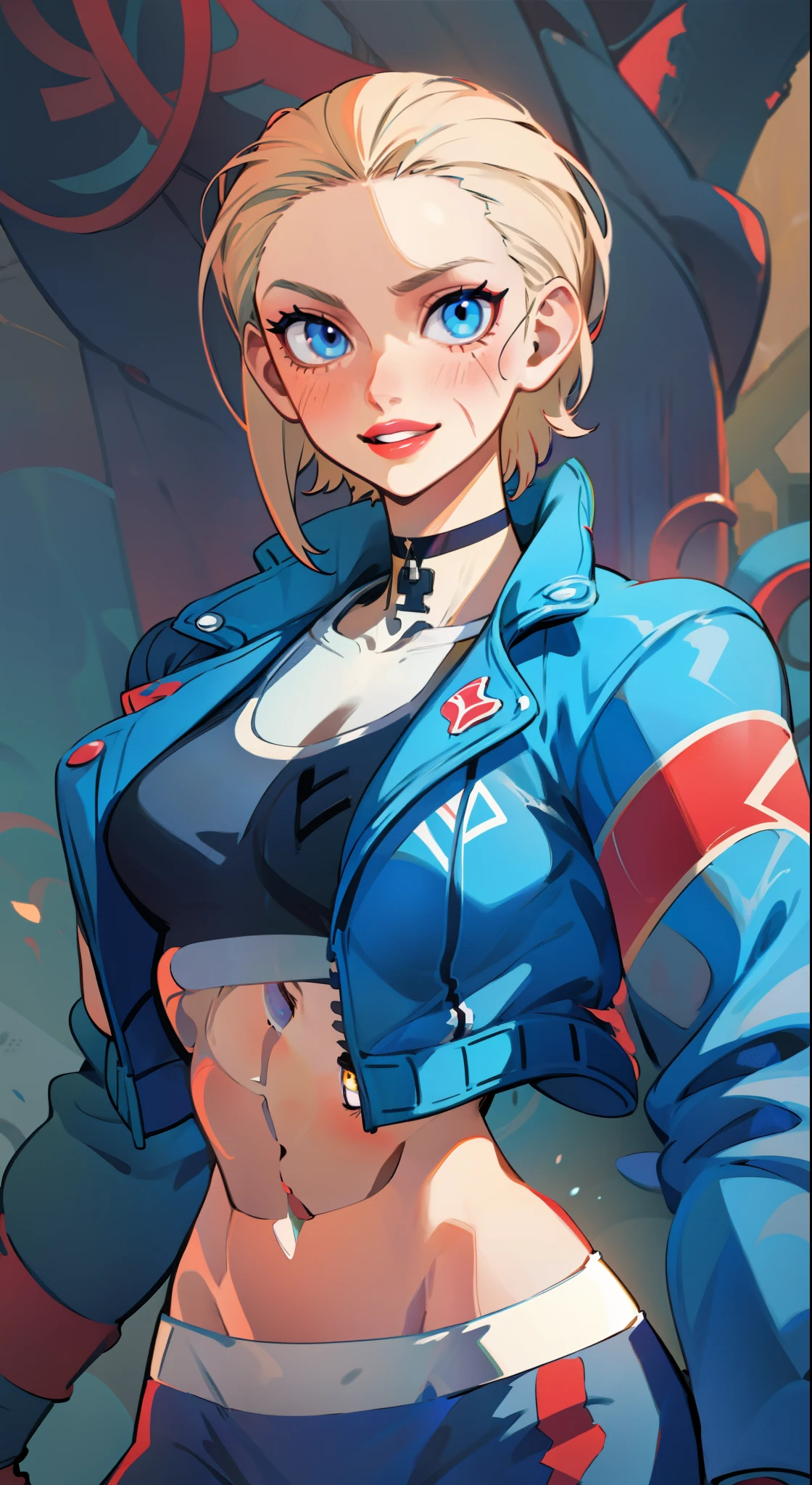 (((illustration))) portrait  cammy_white , cammy sf6,1girl ,solo ,  bang , scar on cheek ,blonde hair , blue eyes, short hair, sports bra, jacket , yoga pant, looking at viewer, upper body ,blush , smile , happy , red lipstick,  veins, beautiful face, full lips, slim face, high cheekbones, muscular, (((in vector style)))