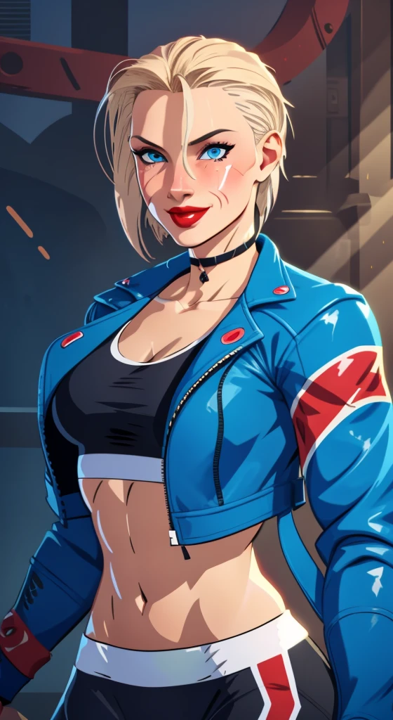 (((illustration))) portrait cammy_white , cammy sf6,1girl ,solo , bang , scar on cheek ,blonde hair , blue eyes, short hair, sports bra, jacket , yoga pant, looking at viewer, upper body ,blush , smile , happy , red lipstick, veins, beautiful face, full lips, slim face, high cheekbones, muscular, (((in vector style)))
