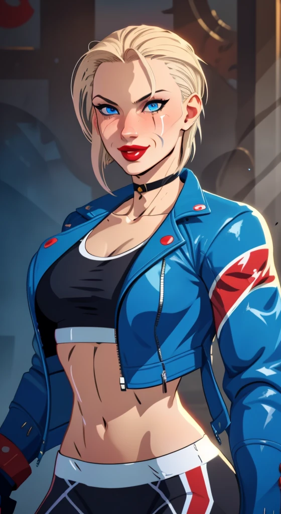 (((illustration))) portrait  cammy_white , cammy sf6,1girl ,solo ,  bang , scar on cheek ,blonde hair , blue eyes, short hair, sports bra, jacket , yoga pant, looking at viewer, upper body ,blush , smile , happy , red lipstick,  veins, beautiful face, full lips, slim face, high cheekbones, muscular, (((in vector style)))