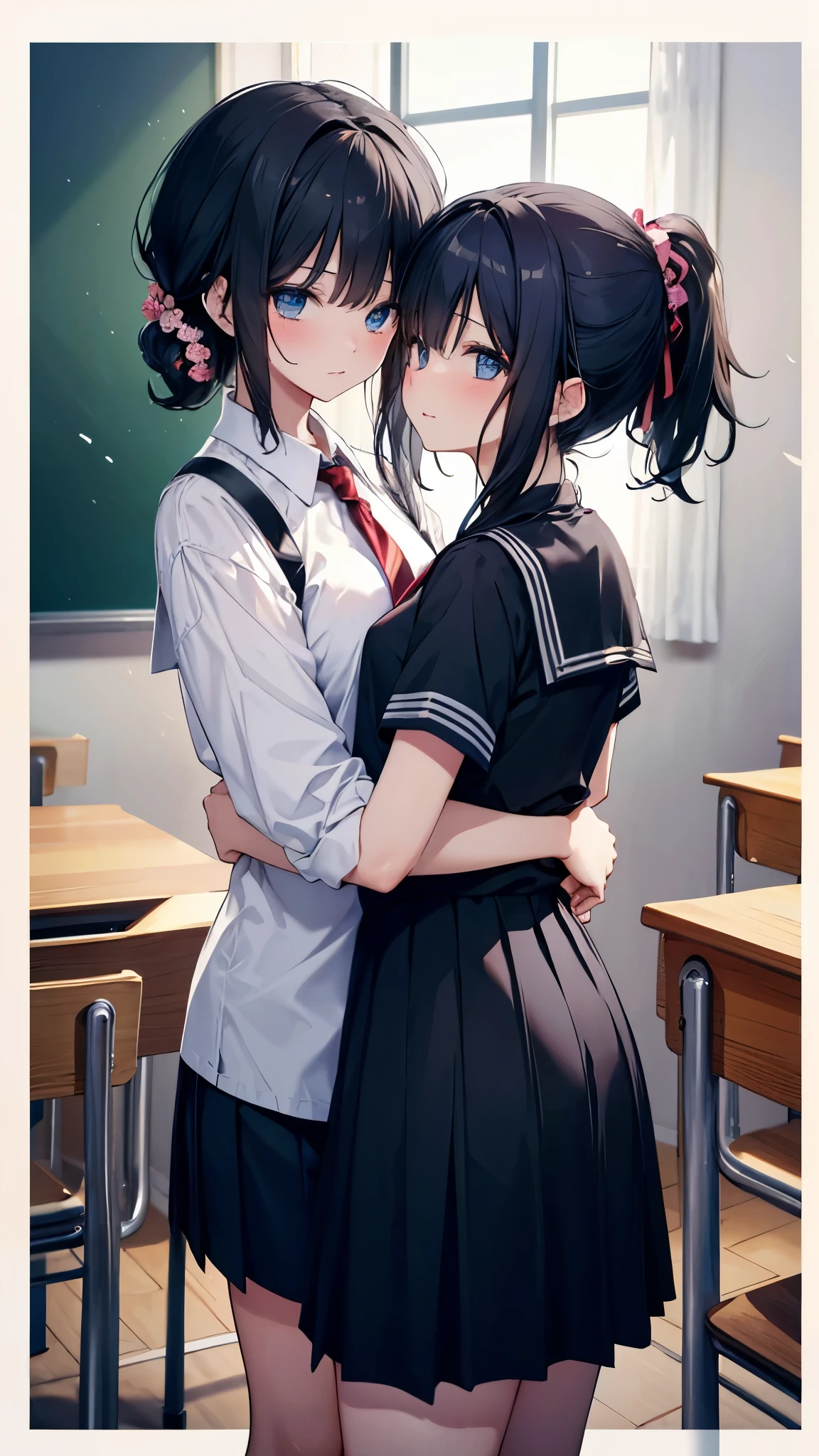 (8K、Highest image quality、highest quality、masterpiece)、detailed face、two girls))、black hair、short hair、long hair、ponytail、blue eyes、blush、Moderate chest、serafuku、mini skirt、cowboy shot、hug each other、((pose peeping))、Taken from the side、classroom background