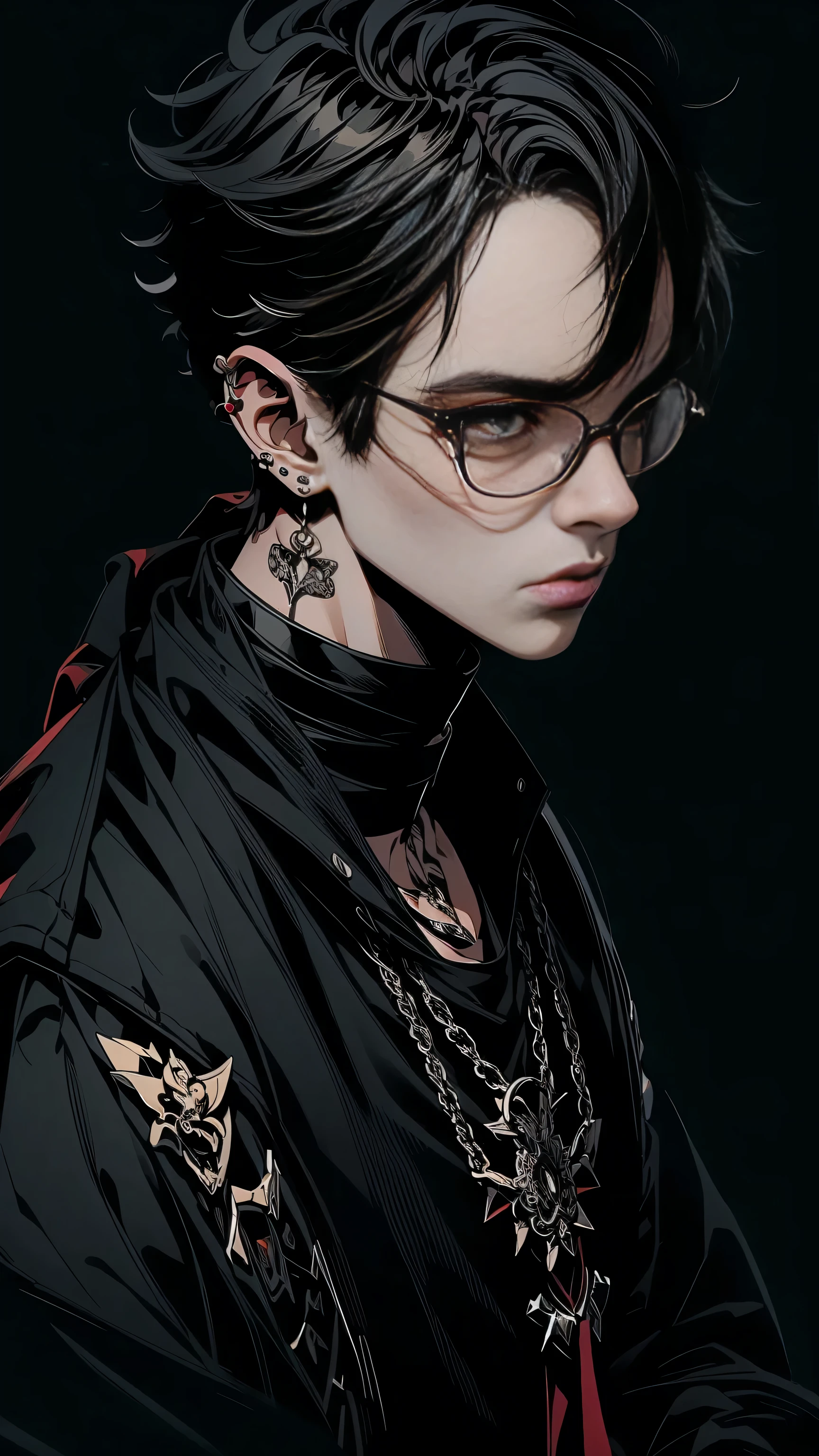 (masterpiece,best quality,extremist_detailed,mackerel,absurd),1st son, male focus, Tattoo, alone, gray hair,chain, shirt, black necktie, necktie, simple background, yellow eyes, upper body, vest, Short hair, looking at viewer, chapped lips, collared shirt, Round glasses, long sleeves, neck Tattoo, Hands on their shoulders, arm Tattoo, black shirt, bijouterie (looking away:1.2)