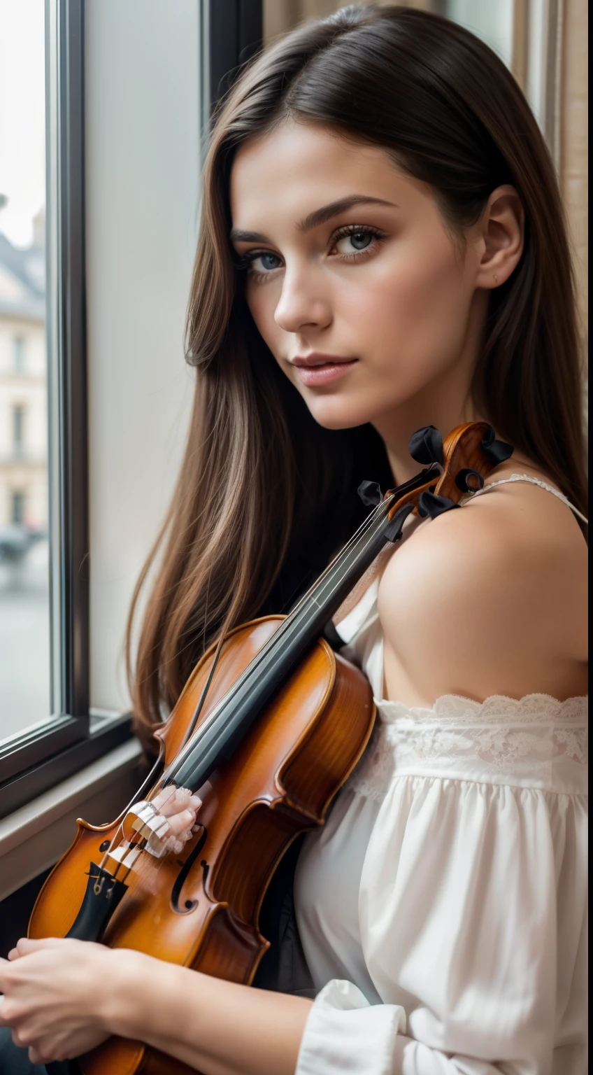 1 beauté secrétaire de musician européen et américain:filigrane,Sœur royale,Modèle de beauté,chemisier à épaules dénudées (Court jusqu’à la taille),révélant son ventre,Jupe hanche noire,Chaud et ,cheveux longs et flottants,Portez des bas noirs,Membres minces,Peau blanche comme neige,Il y a de la lumière dans le visage de la graine d'oeillet,Lipake rouge flamboyant, gestes de séduction provocateurs,boucles,appuyé contre la fenêtre,cheveux noir,Séduisant et captivant,Pupille bleu,double paupière, prends petit dejeune, nez parfaite, mains parfaite, perfect eyes, perfect hands, there is a violin next to girl