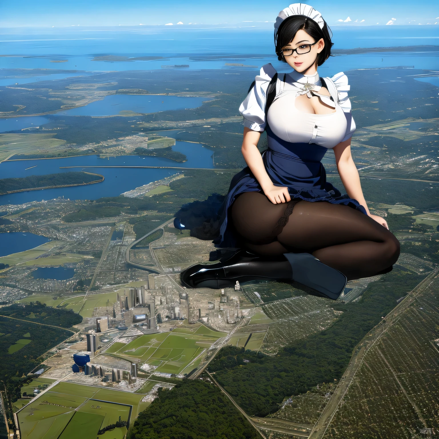 multiple girls, giantess art, highly detailed giantess shots, giantess, most detailed, perfect face, Two legs, Five fingers, A beautiful girl who is bigger than a skyscraper, Wearing rimless glasses, smile, huge breasts, blue base magical girl dress, bow, magical girl, holding a magical wand, black pantyhose, blue stiletto heels, thunderbolt from a magical wand, Destroying cities, Under heavy attack, A very small big city, Miniature metropolis, Full body description, GTS, giga giantess, stomping city, crash city, tiny city, micro city, pantyhose feet, High resolution, highest quality, masterpiece, 