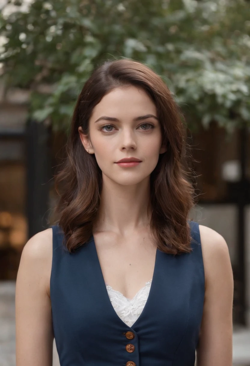 Kaya Scodelario in a suit, 23 year old beautiful woman、Kaya Scodelario, Shorthair woman、woman wearing squirrel ears、Beautiful woman standing against the background of cobblestones、white shirt、navy blue vest、Vest button fastening、Dark blue pants、navy blue setup、Brown hair、Hair highlights、