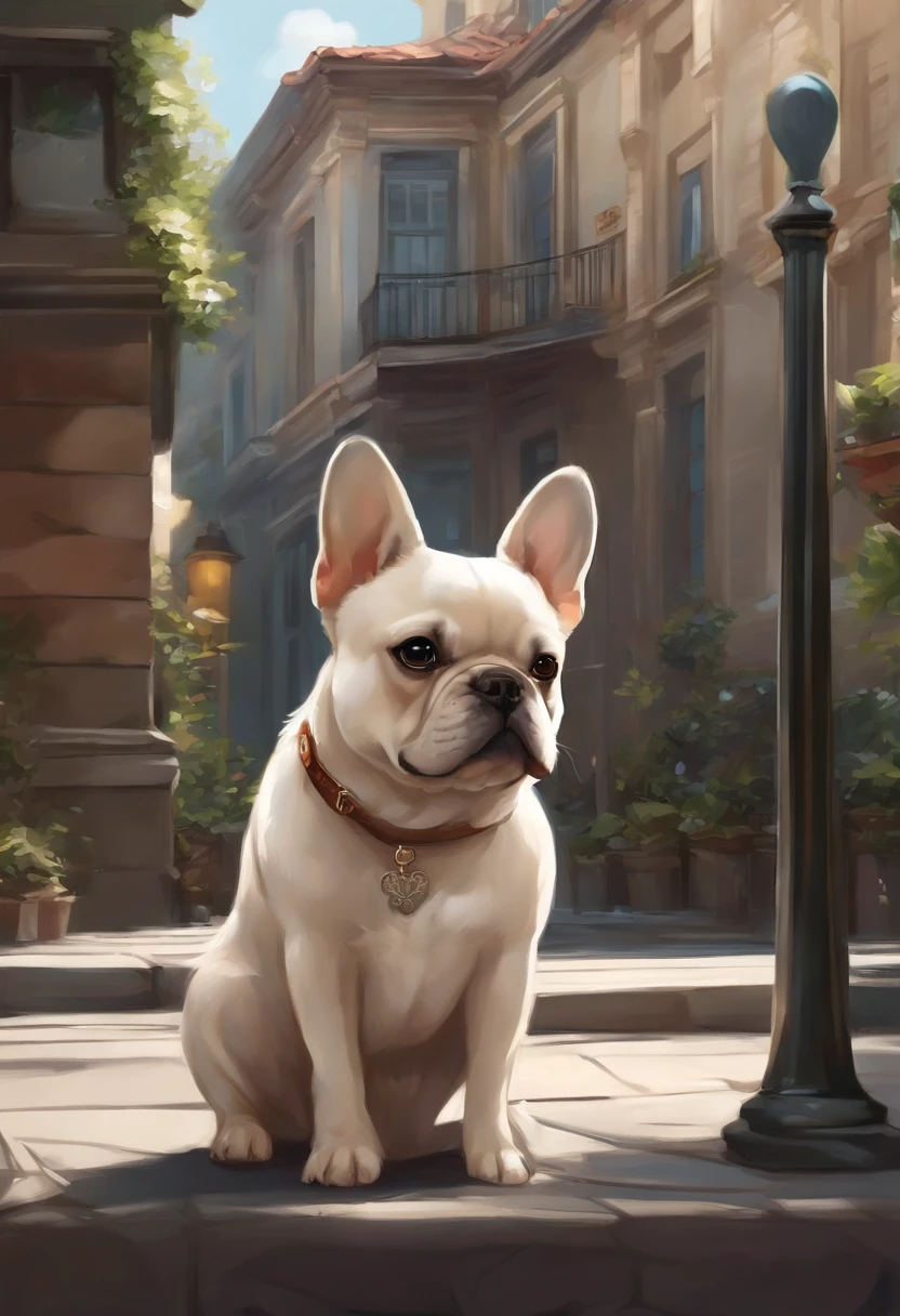 Anime-style photo of a dog sitting on the sidewalk in front of the building, cute detailed digital art, 高精細なofficial artワーク, adorable digital paintings, official art, by xiawei, by Jan J., background artwork, character portrait, background art, anthropomorphic french bulldog, by Yao Tingmei, Detailed anime original drawing