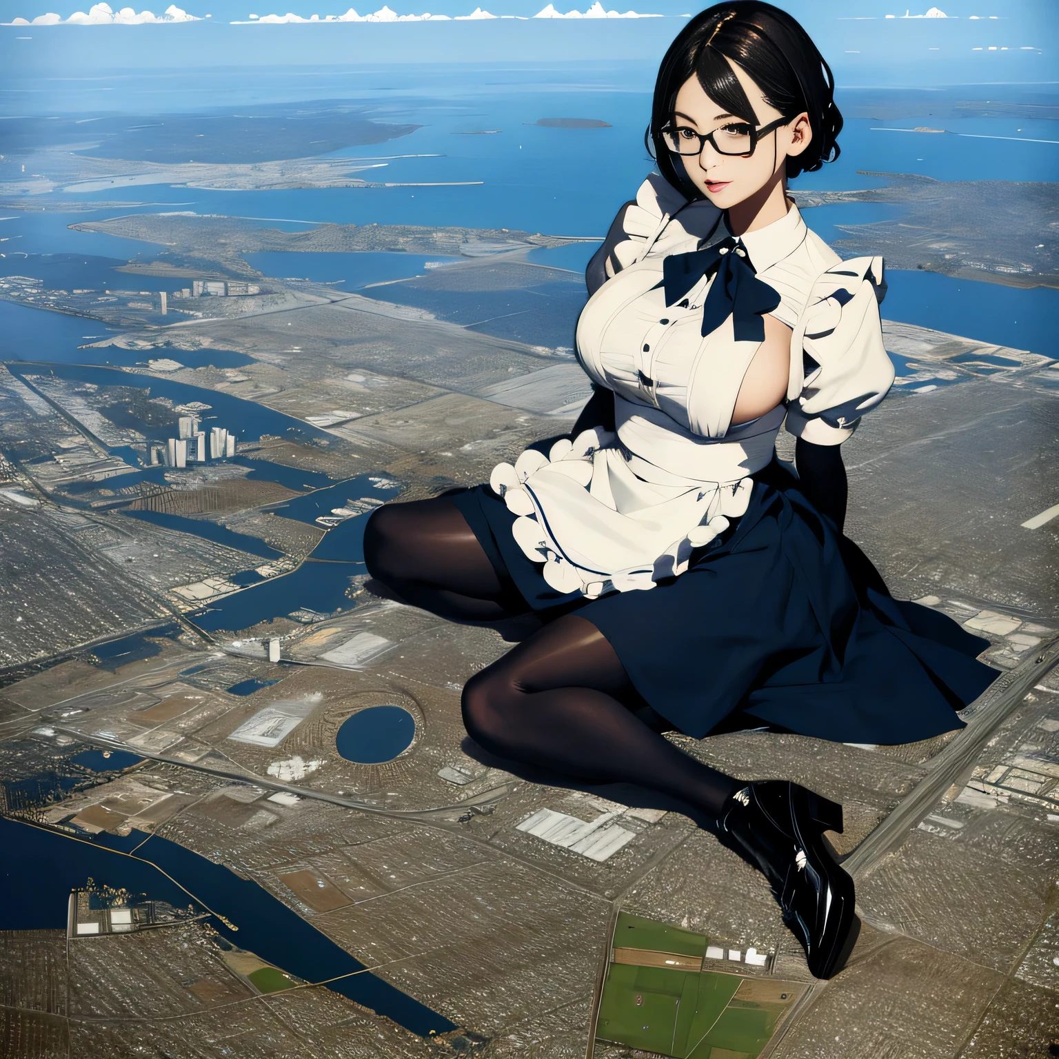 multiple girls, Giantの芸術, 非常に詳細なGiantショット, Giant, short hair, A maid that is much bigger than a skyscraper, wearing rimless glasses, big breasts, big ass, navy maid uniform, black pantyhose, black shoes, very small metropolis, miniature metropolis, crush the big city, A city engulfed in flames, full body description, ＧＴＳ, ギガGiant, Stomping City, crash city, Small town, micro city, maid, 