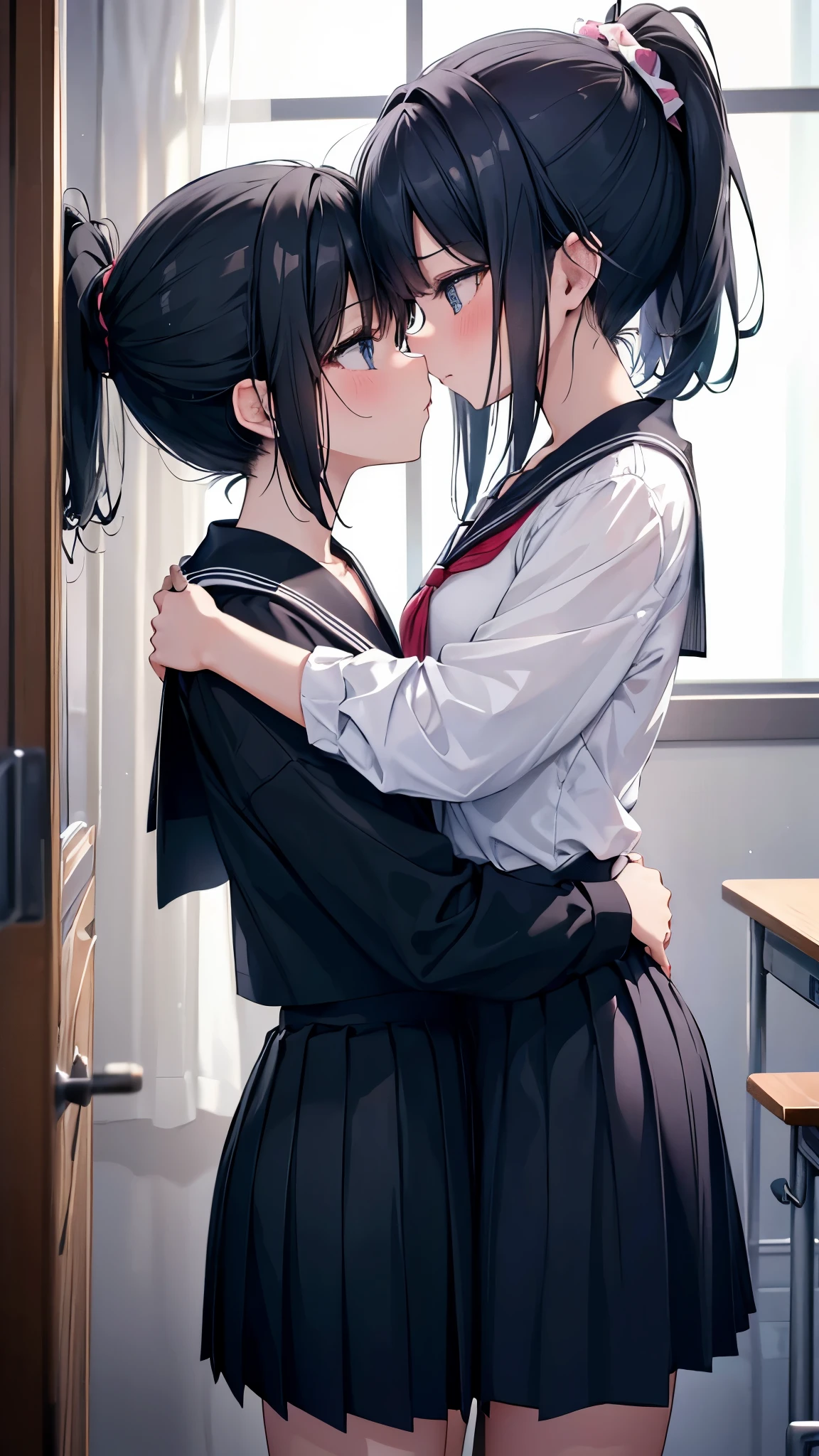 Two  girls，Angry expression，Equal height，At the bed，Black hair ponytail，Face to face, staring at each other，Embrace，Two bodies approaching，kiss、Photo of the two of them、Holding hands and facing each other、向かい合うPhoto of the two of them、Push each other、together、,highest quality,1 girl,kiss_tonguetongue,,tongue、Two Girls、together舐める、Girls facing each other、抱き合いながらkiss、Huge 、向かい合ってkiss、Embrace、uniform、high school girl、mini skirt、Huge乳房、Nipples visible、Upper body naked、超Huge乳房