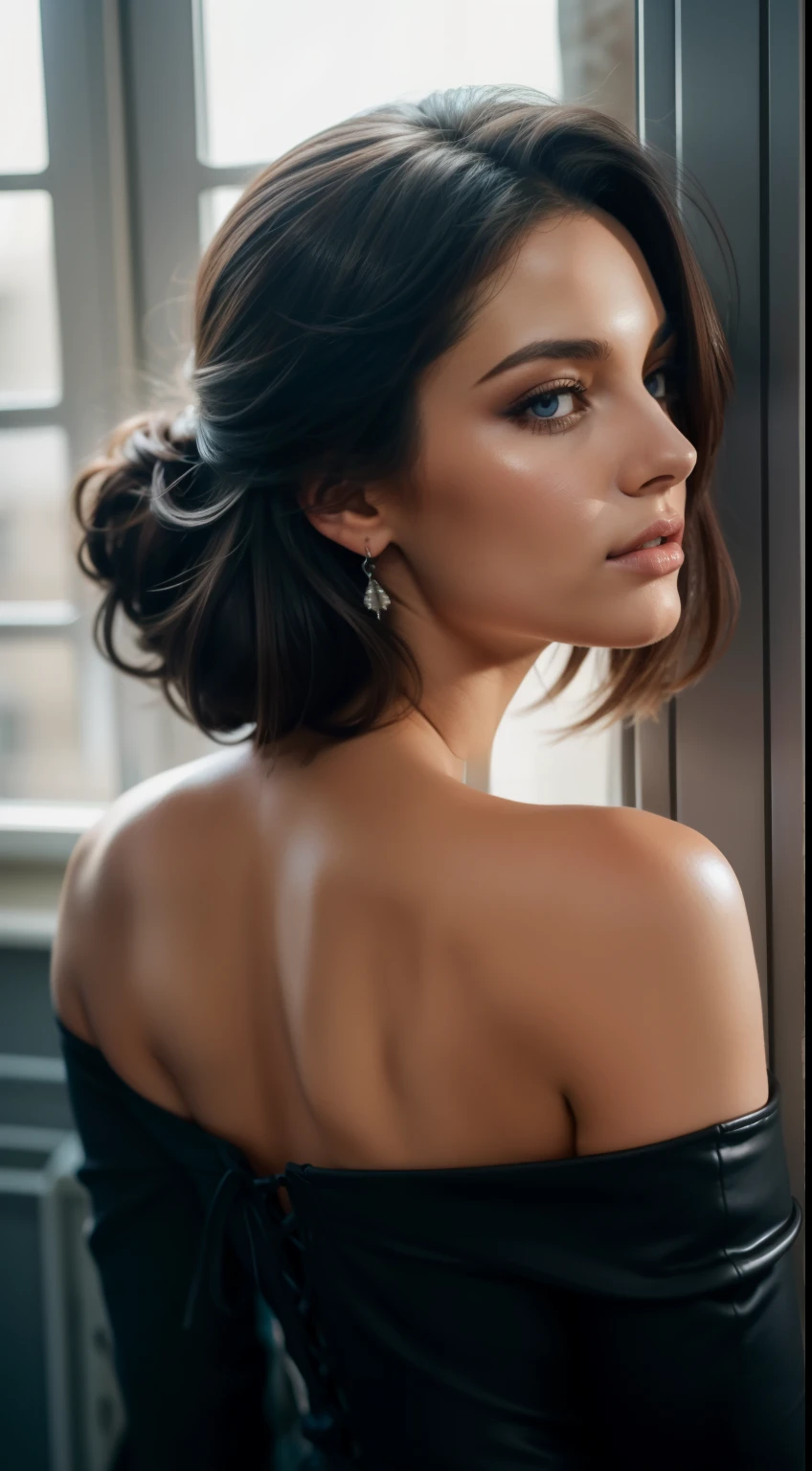 1 beauté secrétaire de bureau européen et américain:filigrane,Sœur royale,Modèle de beauté,sexy dress (Court jusqu’à la taille),révélant son ventre,Jupe hanche noire,Chaud et ,cheveux longs et flottants,Portez des bas noirs,Membres minces,Peau blanche comme neige,Il y a de la lumière dans le visage de la graine d'oeillet,Lipake rouge flamboyant, gestes de séduction provocateurs,boucles,appuyé contre la fenêtre,cheveux noir,Séduisant et captivant,Pupille bleu,double paupière, prends petit dejeune, nez parfaite, mains parfaite, perfect eyes, perfect hands, prends le violon futuriste avec couleur blue