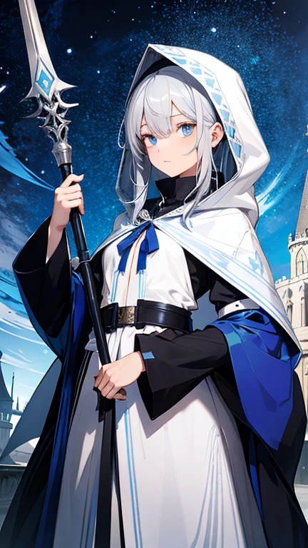 a girl，Silver hair and blue eyes，With a big hood，Holding a gorgeous staff，Wearing an exquisite half-mask on his face