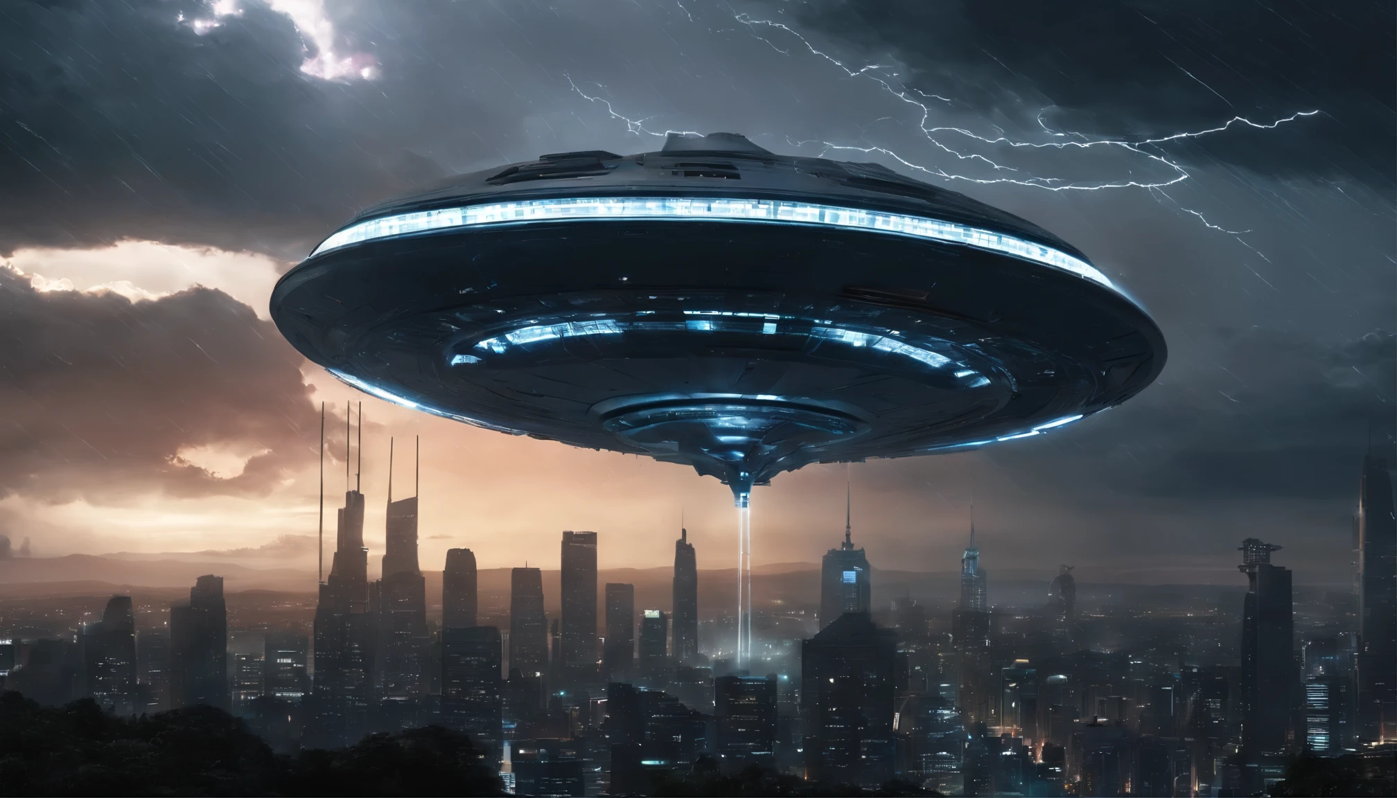 Generate a photorealistic masterpiece that captures the arrival of an alien mothership during a thunderstorm over a metropolitan skyline at night. Use dynamic weather conditions, dramatic lighting, and mood, inspired by the photography style of Gregory Crewdson.