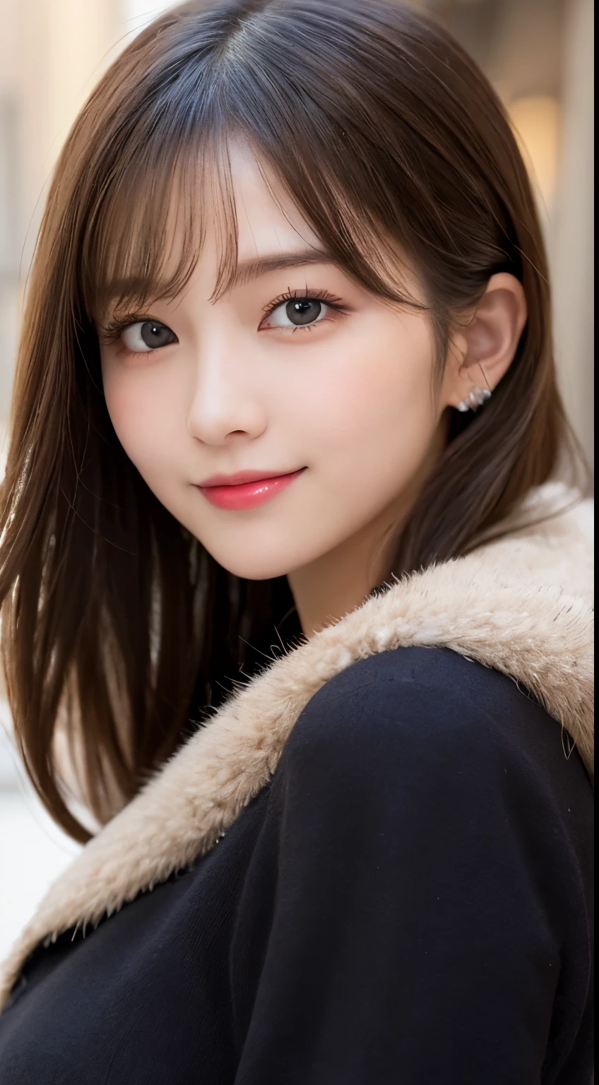 table top, highest quality, shape, Super detailed, finely, High resolution, 8k wallpaper, 完璧なダイナミックな構shape, beautiful and detailed eyes, tokyo trend冬ファッション,tokyo trend＆Introducing cute hairstyles at random, small breasts, natural color lip, random sexy pose,cute smile、20 year old girl、beautiful and detailed face、perfect and beautiful face,Big eyes、Wearing a fluffy black luxury mink coat、beautiful detailed face、perfect and beautiful double eyelids、blur the background、perfect and beautiful face、bright look、Twin ponytail hairstyle