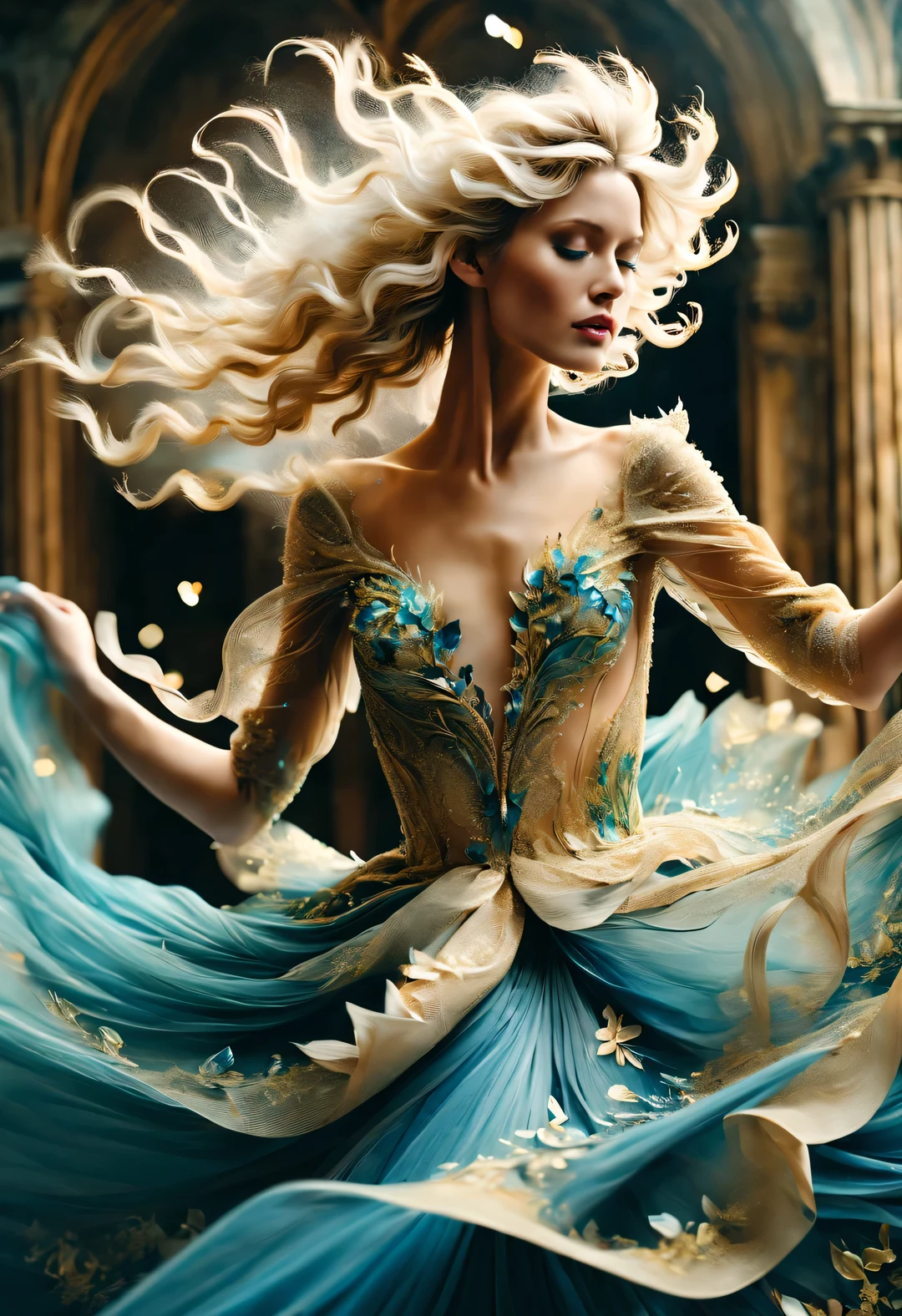 (Confetti dancing on a beautiful gold and blue delicate wedding dress），beautiful model，blonde，Super long flying curly hair，Alyssa Lazer (Aliza Razell) style, beautiful details, beautiful details，Long range shooting，whole body，elevation angle，The art of paper，