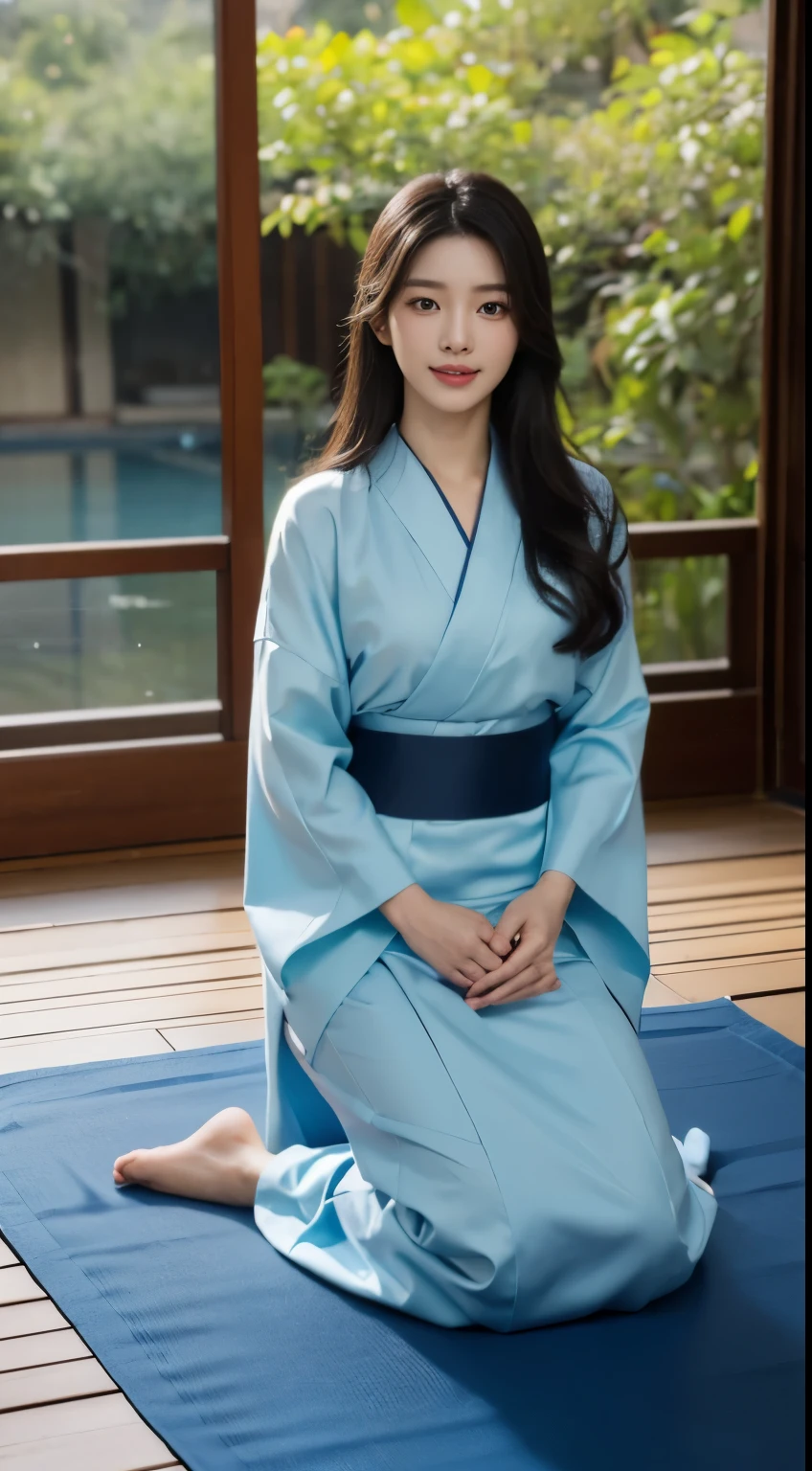 Foto hiperrealista en primer plano de Kim Ji-soo from Korea, masterpiece, best quality, (photorealistic:1.4), full body, blue Korean kimono, kneels on a mat in a Korean teahouse, cinematic light, beautiful woman, skinny, large big breasts, black long hair, detailed face, smile, facing the camera, photo taken from a distance, age of 25 years old