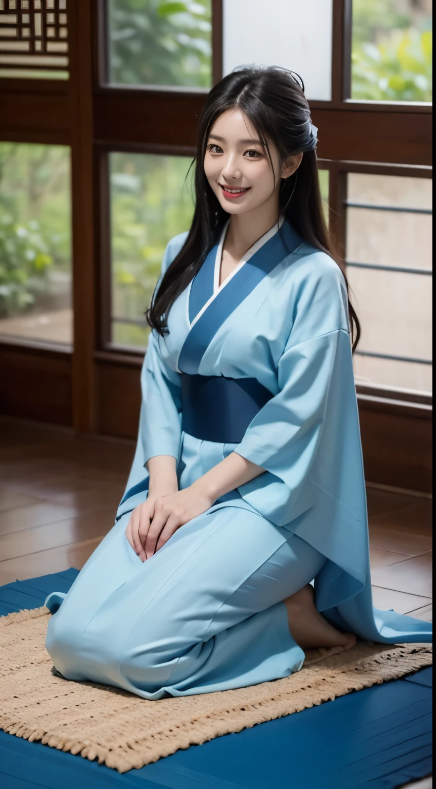 Foto hiperrealista en primer plano de Kim Ji-soo from Korea, masterpiece, best quality, (photorealistic:1.4), full body, blue Korean kimono, kneels on a mat in a Korean teahouse, cinematic light, beautiful woman, skinny, large big breasts, black long hair, detailed face, smile, facing the camera, photo taken from a distance, age of 25 years old
