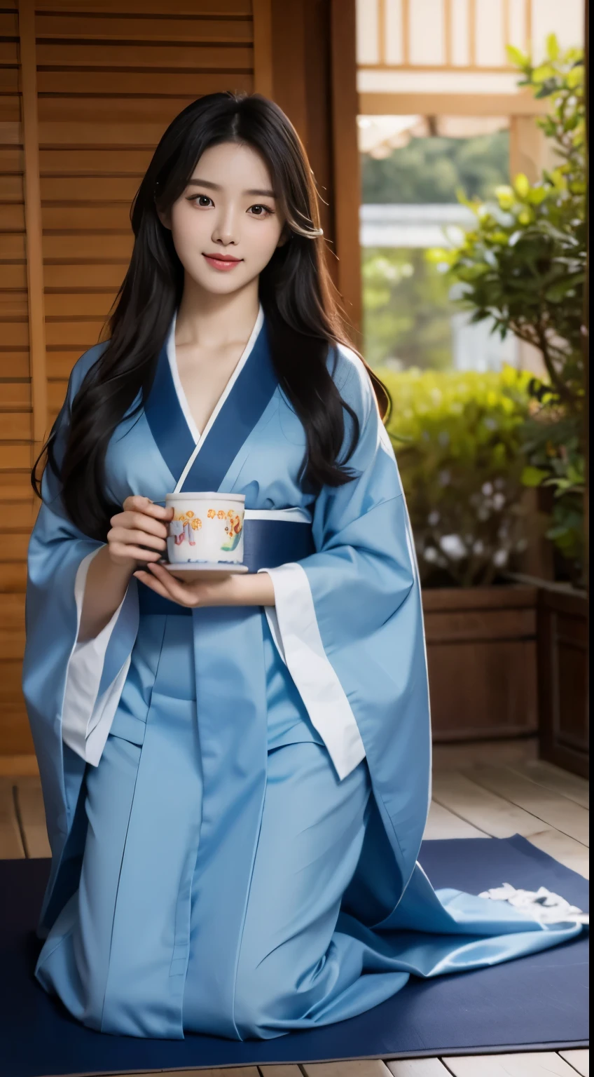 Foto hiperrealista en primer plano de Kim Ji-soo from Korea, masterpiece, best quality, (photorealistic:1.4), full body, blue Korean kimono, kneels on a mat in a Korean teahouse, cinematic light, beautiful woman, skinny, large big breasts, black long hair, detailed face, smile, facing the camera, photo taken from a distance, age of 25 years old