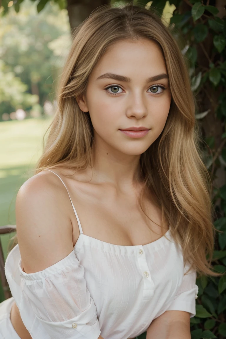 (best quality,realistic),feminine face,age 20,gray eyes,long golden blond wavy hair,moderately thick eyebrows,sharp jawline,tiny nose,heart shaped face,silky smooth skin,luminous complexion,vibrant glowing eyes,golden highlights in hair,endearing smile,natural beauty,graceful posture,gentle expression,dreamy atmosphere,soft natural lighting,subtle blush on cheeks,delicate facial features,elegant and classy style,subtle hint of sophistication,pure and innocent charm,color palette with warm tones and soft pastels, wearing a white golfing outfit with a white skirt on on a golf course, right hand over her shoulder holding a golf club, standing with legs crossed, looking over her left shoulder towards camera