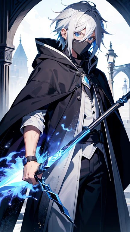 a boy，Silver hair and blue eyes，With a big hood，Holding a gorgeous staff，With a beautiful mask on his face