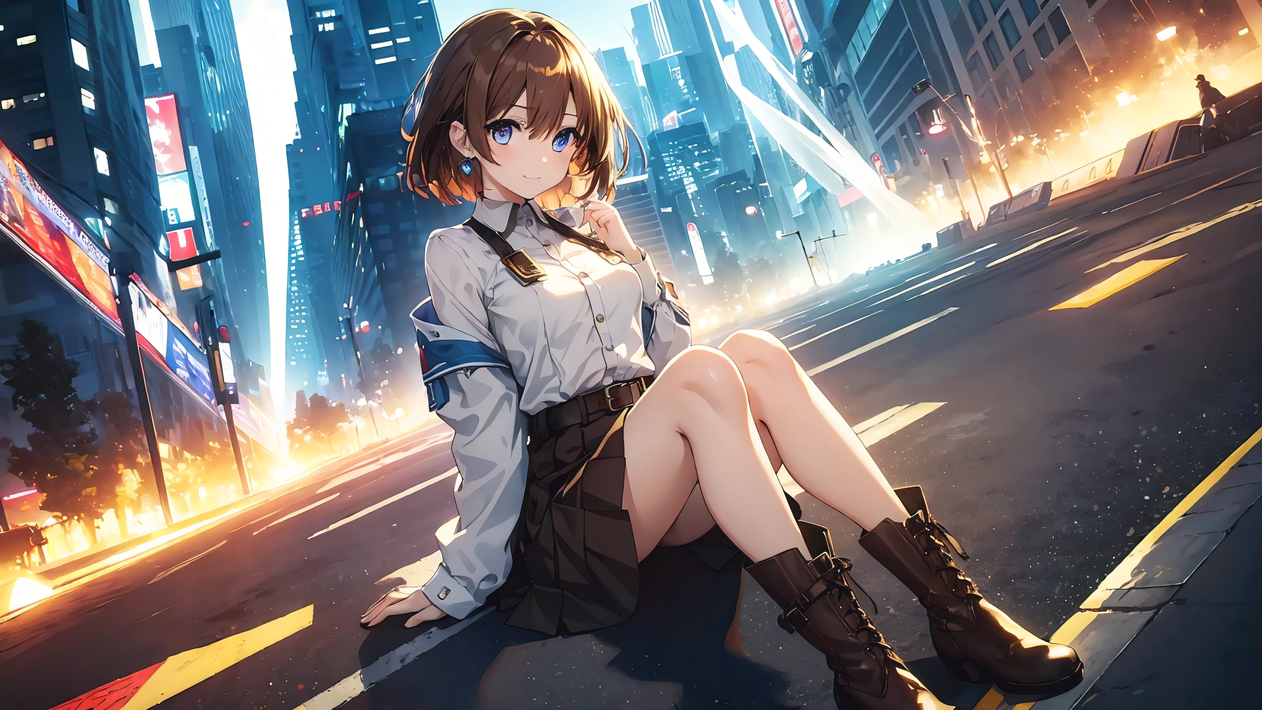 (masterpiece), highest quality, expressive eyes, perfect face, 1 girl, alone, medium hair, brown eyes, brown hair, ankle boots,  high heel boots, miniskirt, partially fingerless, shirt, Single earring, skirt, thigh strap, Tide jacket, under bust, white shirt, smile, city, background, futuristic city, sitting on the ground, please get on your knees, Upper body, portrait, looking at the viewer、seductive pose、highest quality, High resolution, unity 8k wallpaper, (shape:0.8), (beautiful and detailed eyes:1.6), highly detailed face, perfect lighting, Very detailed CG, (perfect hands, perfect anatomy)