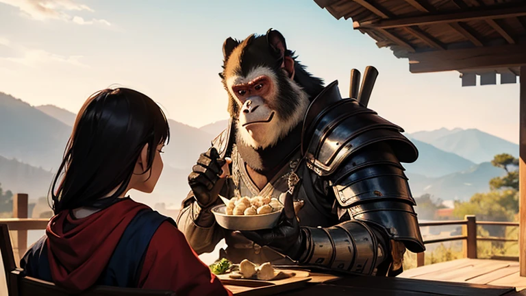 During the day, a samurai in armor is feeding dumplings to a monkey