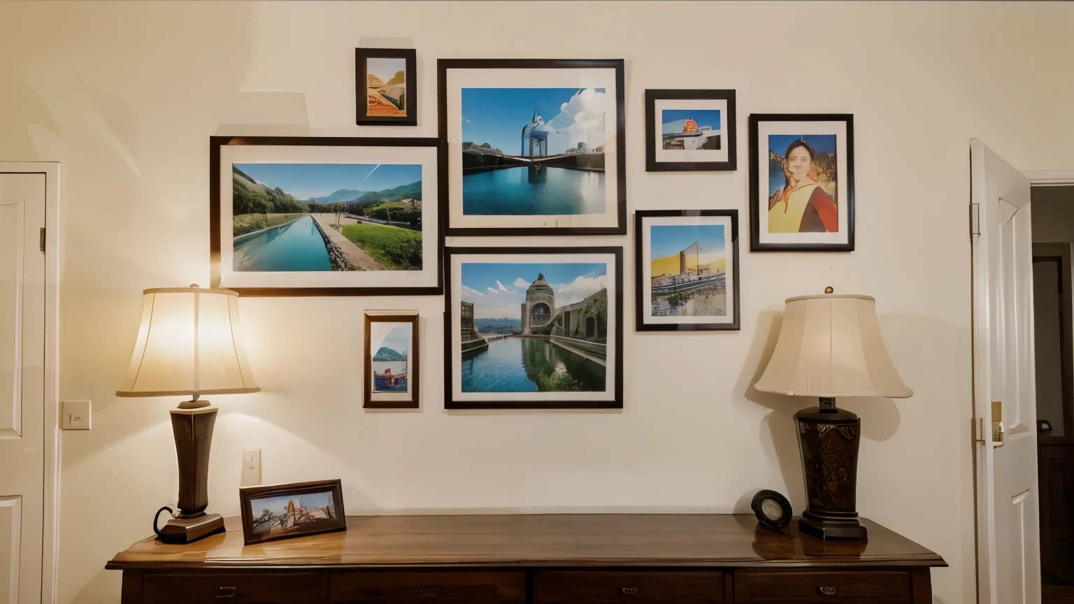 framed photographs adorning the walls,  con amigos y familiares, y recuerdos de viajes.