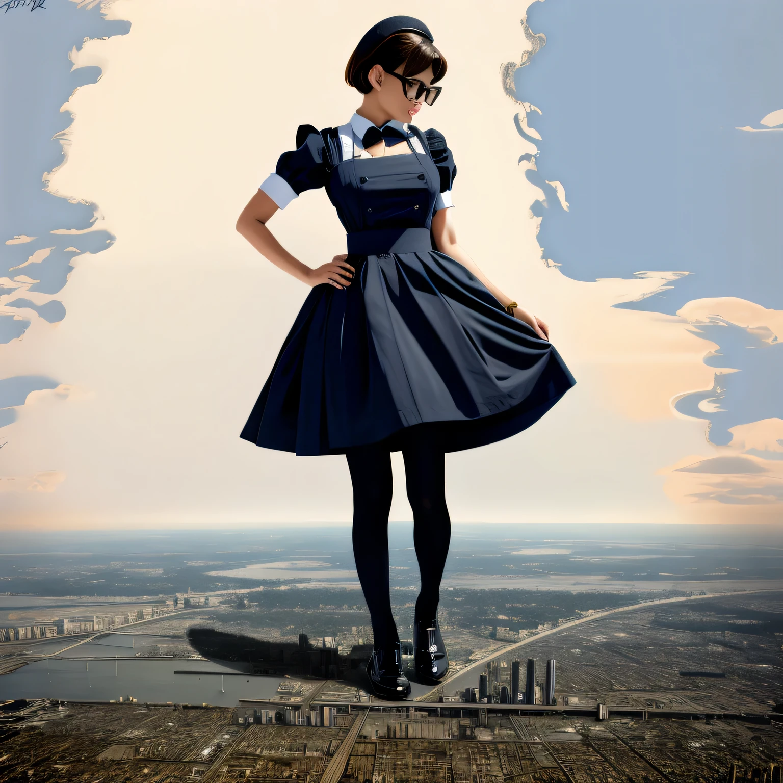 multiple girls, Giantの芸術, 非常に詳細なGiantショット, Giant, short hair, A maid that is much bigger than a skyscraper, wearing rimless glasses, big breasts, big ass, navy maid uniform, black pantyhose, black shoes, very small metropolis, miniature metropolis, crush the big city, A city engulfed in flames, full body description, ＧＴＳ, ギガGiant, Stomping City, crash city, Small town, micro city, maid, 