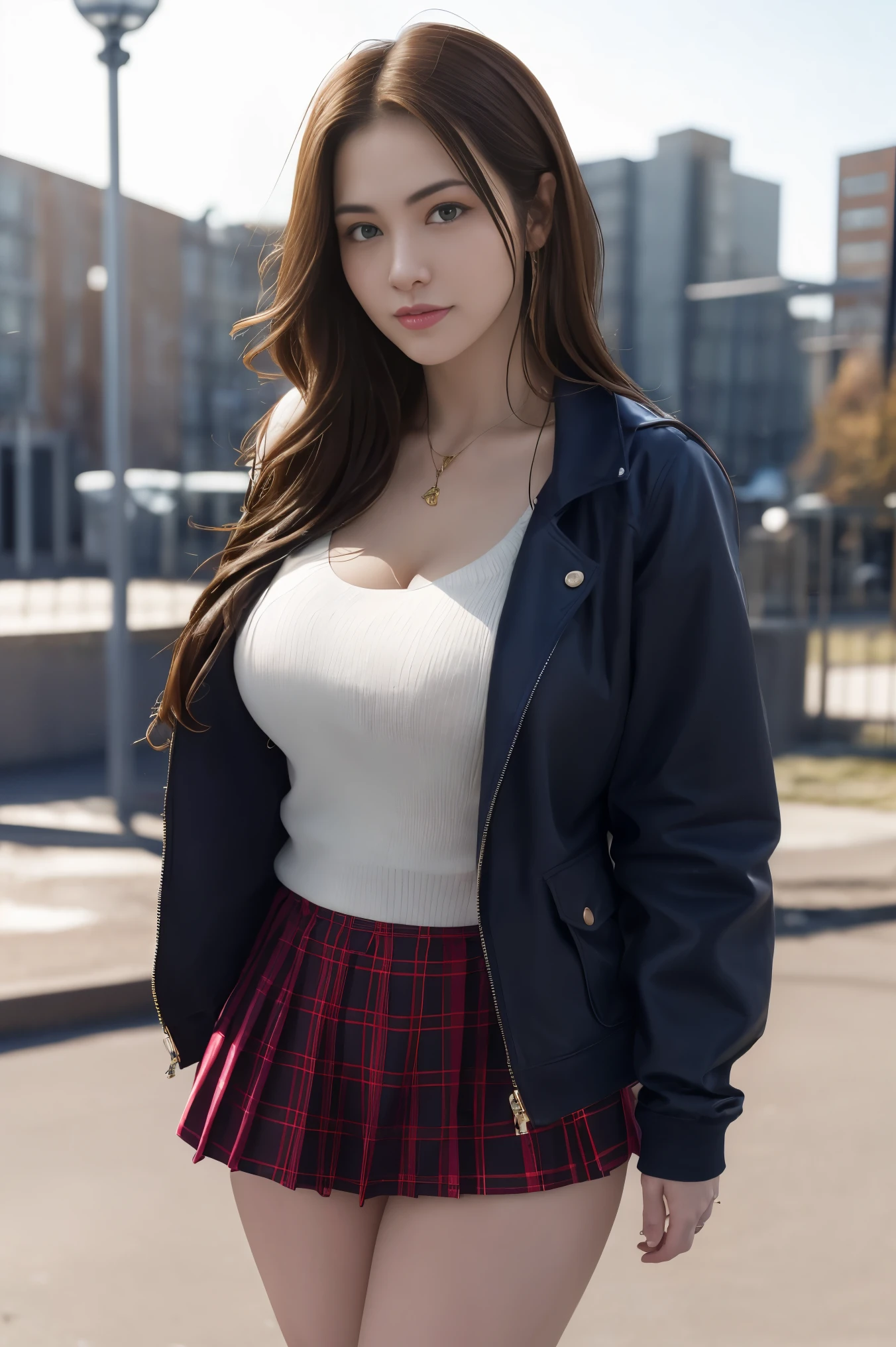 Claire Redfield from Resident Evil, posing seductively to viewer, solo:1, pov, beautiful thick thighs, side view
Sunny city background, long hair, 3/4 body, school attire with jacket and mini pleated skirt
