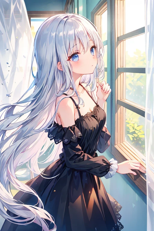 pretty girl, black dress, open shoulder, Lace skirt, silver hair, From the side, long hair, look up, window, curtain, sunlight, shiny hair
