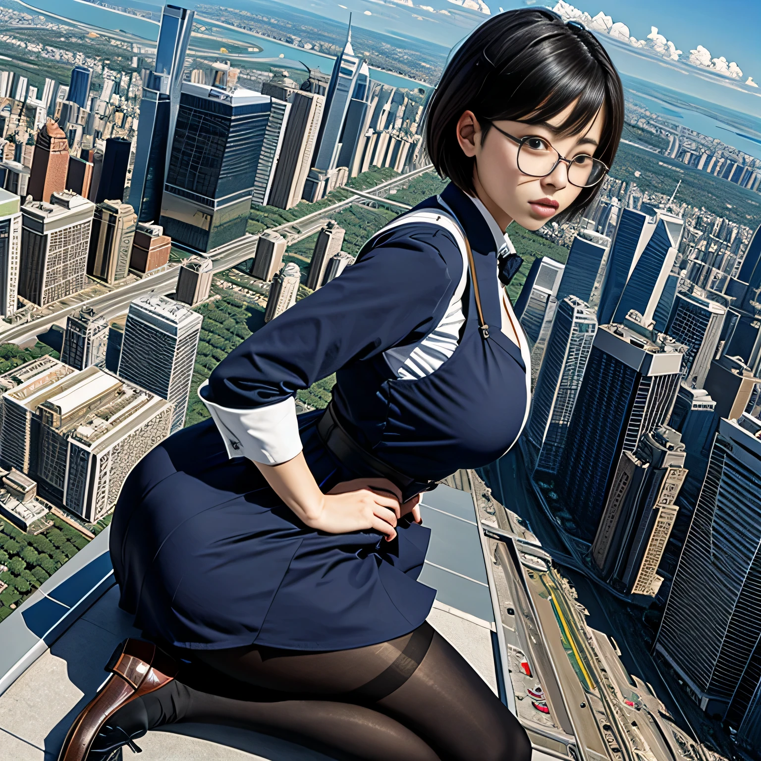 multiple girls, Giantの芸術, 非常に詳細なGiantショット, Giant, short hair, A maid that is much bigger than a skyscraper, wearing rimless glasses, big breasts, big ass, navy maid uniform, black pantyhose, black shoes, very small metropolis, miniature metropolis, crush the big city, A city engulfed in flames, full body description, ＧＴＳ, ギガGiant, Stomping City, crash city, Small town, micro city, maid, 