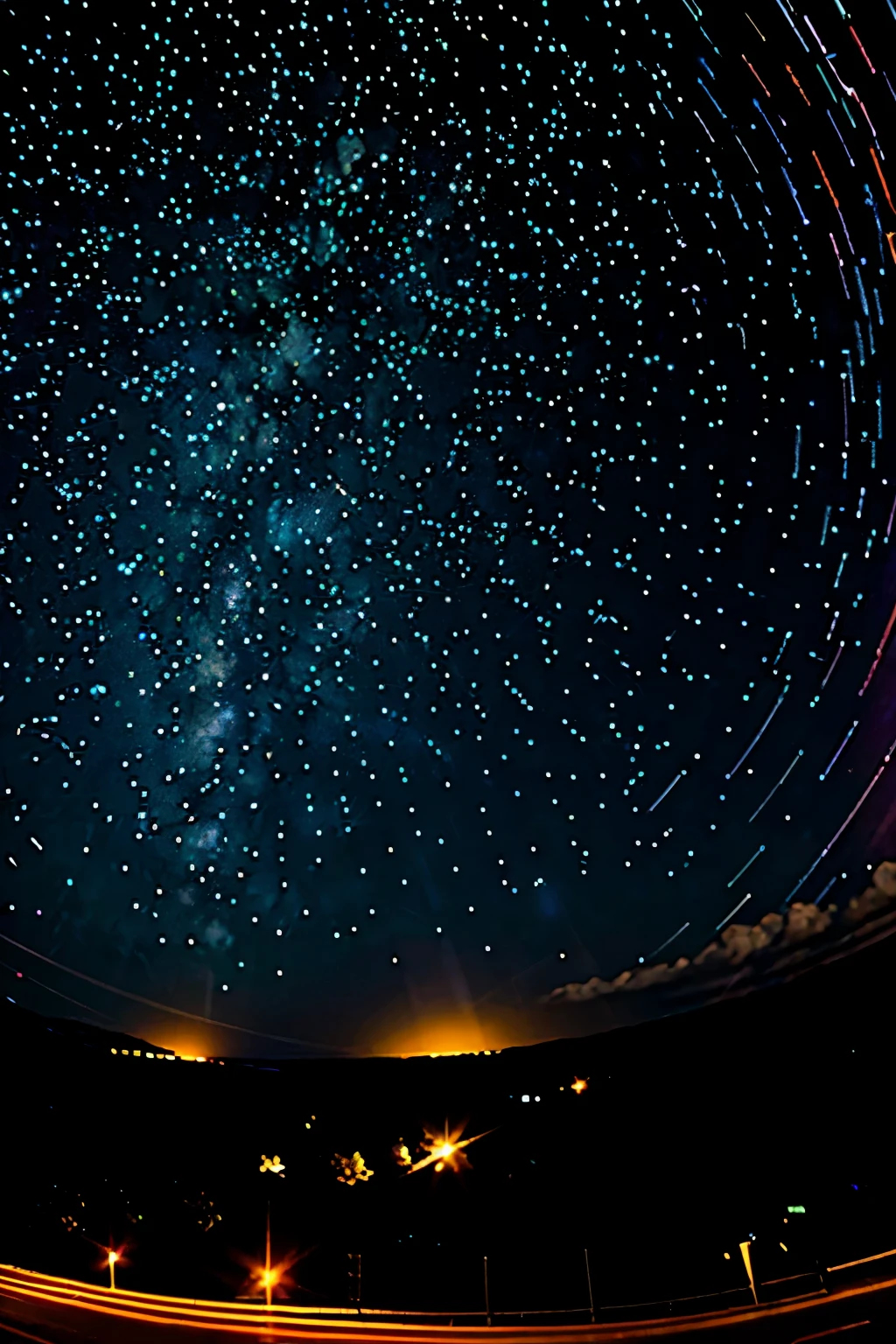from below, starry sky and light trails seen from the Subaru Telescope, best quality, 32k, RAW photo, incredibly absurdres, extremely detailed, delicate texture