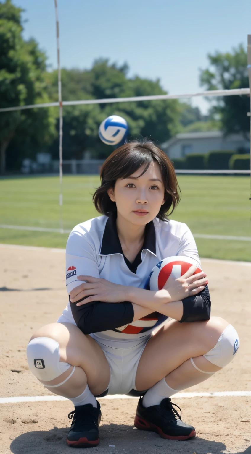 ((Best quality at best, 8K, tmasterpiece, volleyball sporty Highly exposed design attire: 1.3)), (View the audience), photo-realism, Focus sharp, Japanese Chubby women, Big breasts are beautiful,curlies, Wrinkles at the corners of the eyes, to emphasize, ((Large breasts:1.3))),，aged 40, curlies, Eyes have wrinkles, （Wearing volleyball uniform：1.5）（（looking at viewert））(squat:1.4), heels on the ground, legs spread slightly, Squat with your knees up, put your butt on the ground, beautiful face details, real human skin, gentle expression, Front view, angle from below, realistic, photorealistic, squat deep on grounds, Japanese, 