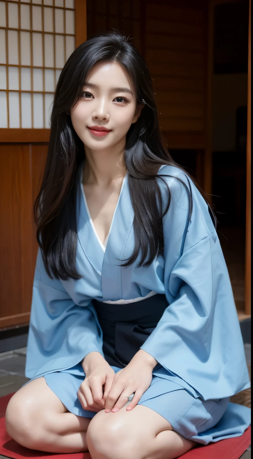 Foto hiperrealista en primer plano de Kim Ji-soo from Korea, masterpiece, best quality, (photorealistic:1.4), full body, blue Korean kimono, kneels on a mat in a Korean teahouse, cinematic light, beautiful woman, skinny, large big breasts, black long hair, detailed face, smile, facing the camera, photo taken from a distance, age of 25 years old