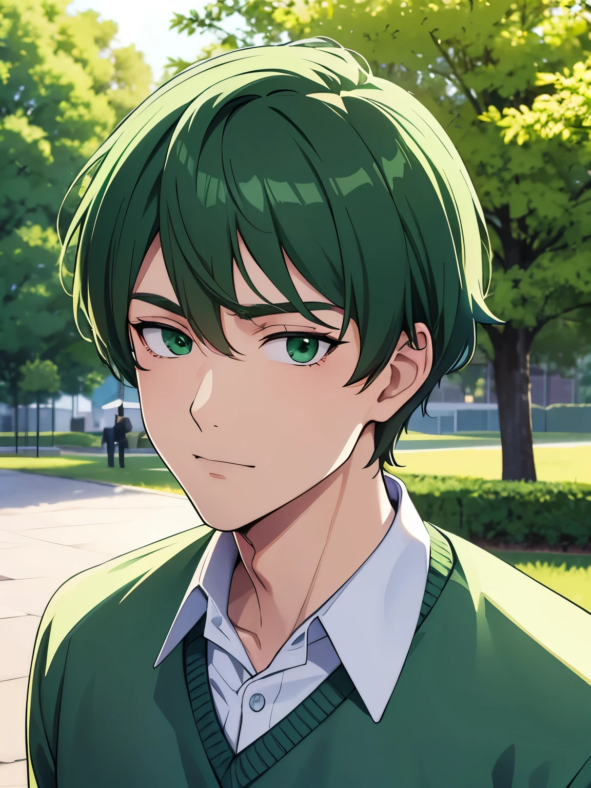 18 year old man with green hair, green eyes, wearing a boy's school uniform and sweater, portrait, in the park, late afternoon, very detailed