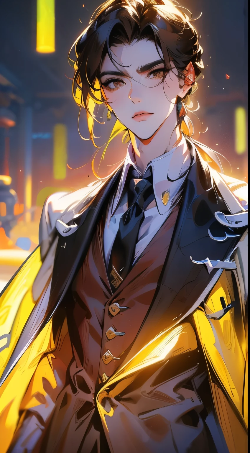 (absurdres, highres, ultra detailed, realistic, ), 1 male, solo, adult, mature, tall muscular guy, broad shoulders, handsome, very short hair, black hair, brown eyes, angular jaw, thick neck, thick eyebrows, night, dark, the night view of the city background, formal suit, necktie, upper body