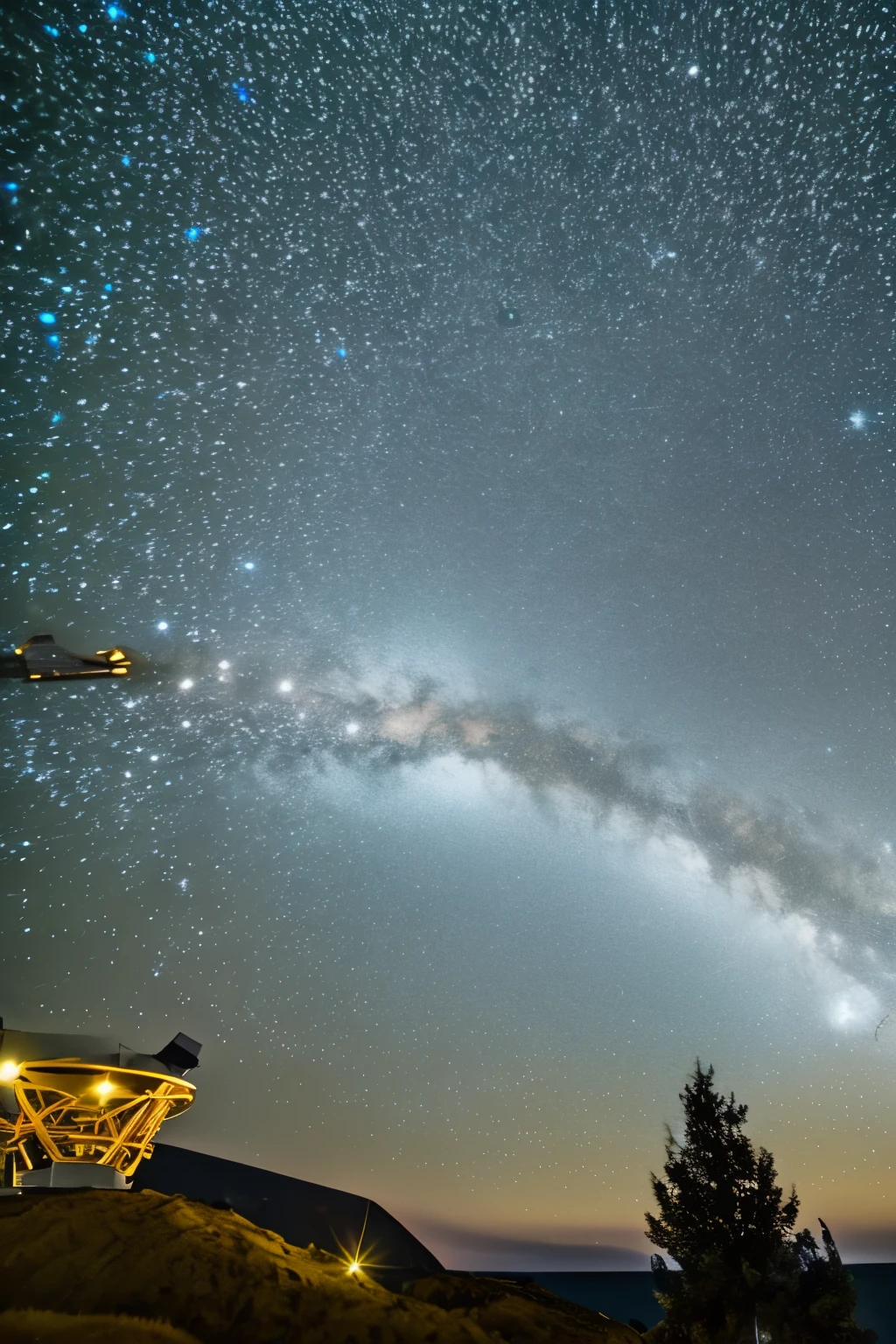 from below, 3D, starry sky and light trails seen from the Subaru Telescope, best quality, 32k, RAW photo, incredibly absurdres, extremely detailed, delicate texture