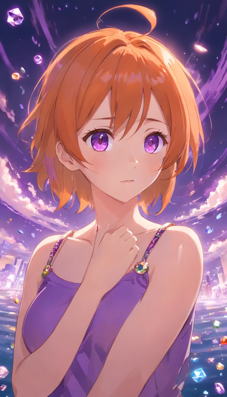 A woman whose image color is orange,big breasts,Purple eyes shining with gemstones,[embarrassed look:1.5]，Look up at your head，beautiful eyes，Cute faces in anime，Orange short bob hair,8k images