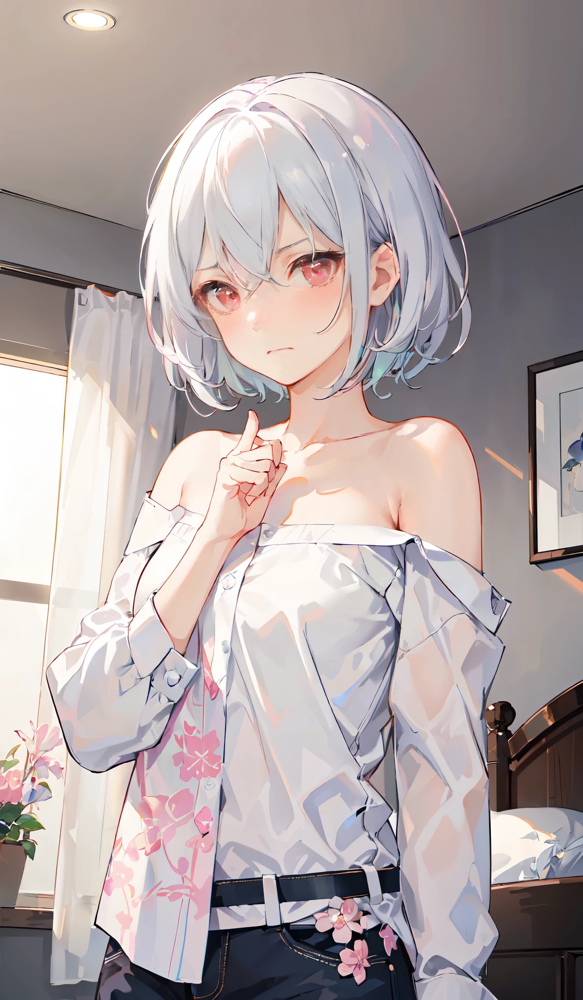 ((Put your hands on your chest)), ((Surprised)), (Red Face), 1女の子の接写, elvish, silver hair,, Red eyes, Braided hair, bob cuts, Sleeping clothes, s Pajamas, Camisole, ruffles, inside room, lit, Mirror, Gender Change, Concept art, beautiful anime scene, beautiful anime scenery, The Highest Quality, master masterpiece, 4K
