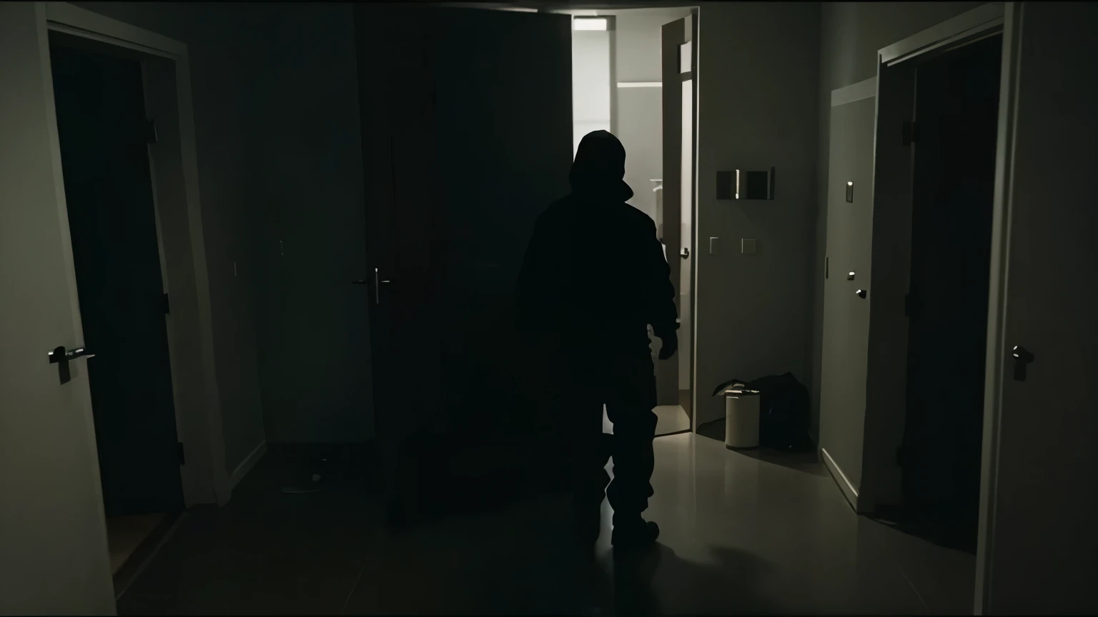 Security camera recordings show a dark, faceless figure entering the protagonist's apartment while he sleeps.