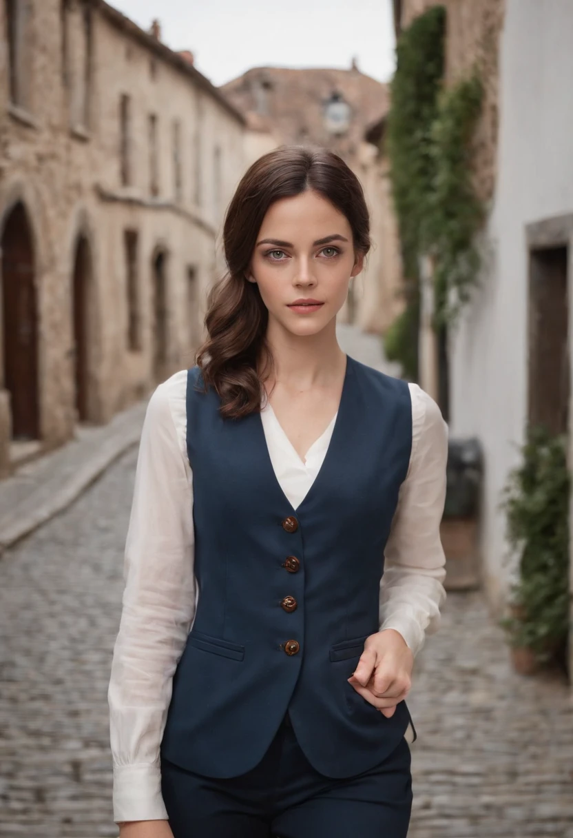 Kaya Scodelario in a suit, 23 year old beautiful woman、Kaya Scodelario, Shorthair woman、woman wearing squirrel ears、Beautiful woman standing against the background of cobblestones、a woman in a white shirt、navy blue vest、Vest button fastening、Dark blue pants、navy blue setup、Brown hair、Hair highlights、
