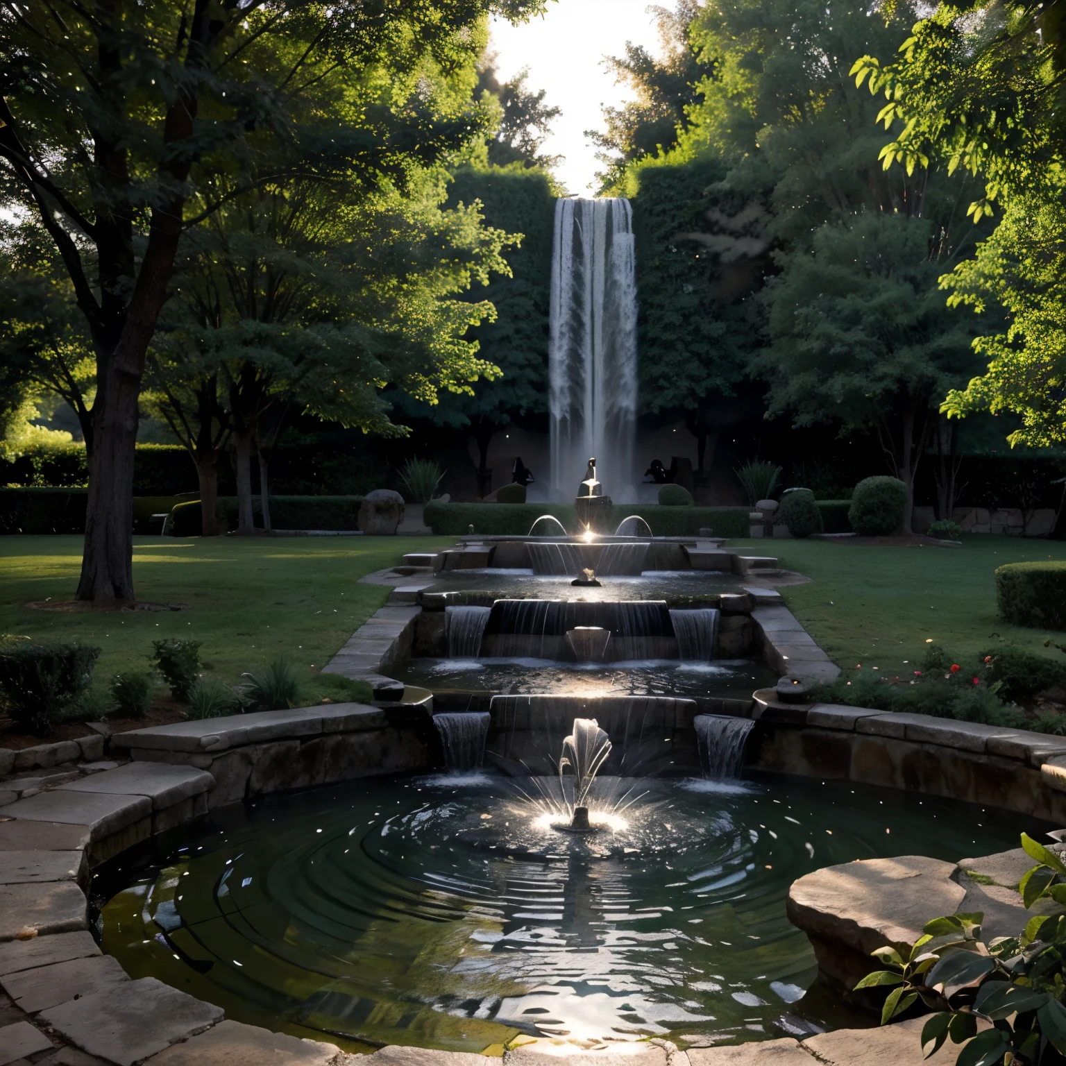 Natural Fountain, with smallar fountains, many trees, little light rays in the tree, an open bible more visible, black and white people drinking from the fountain, realistic