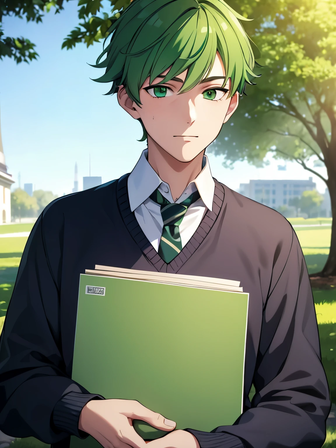 18 year old man with green hair, green eyes, wearing a boy's school uniform and sweater, portrait, in the park, late afternoon, very detailed