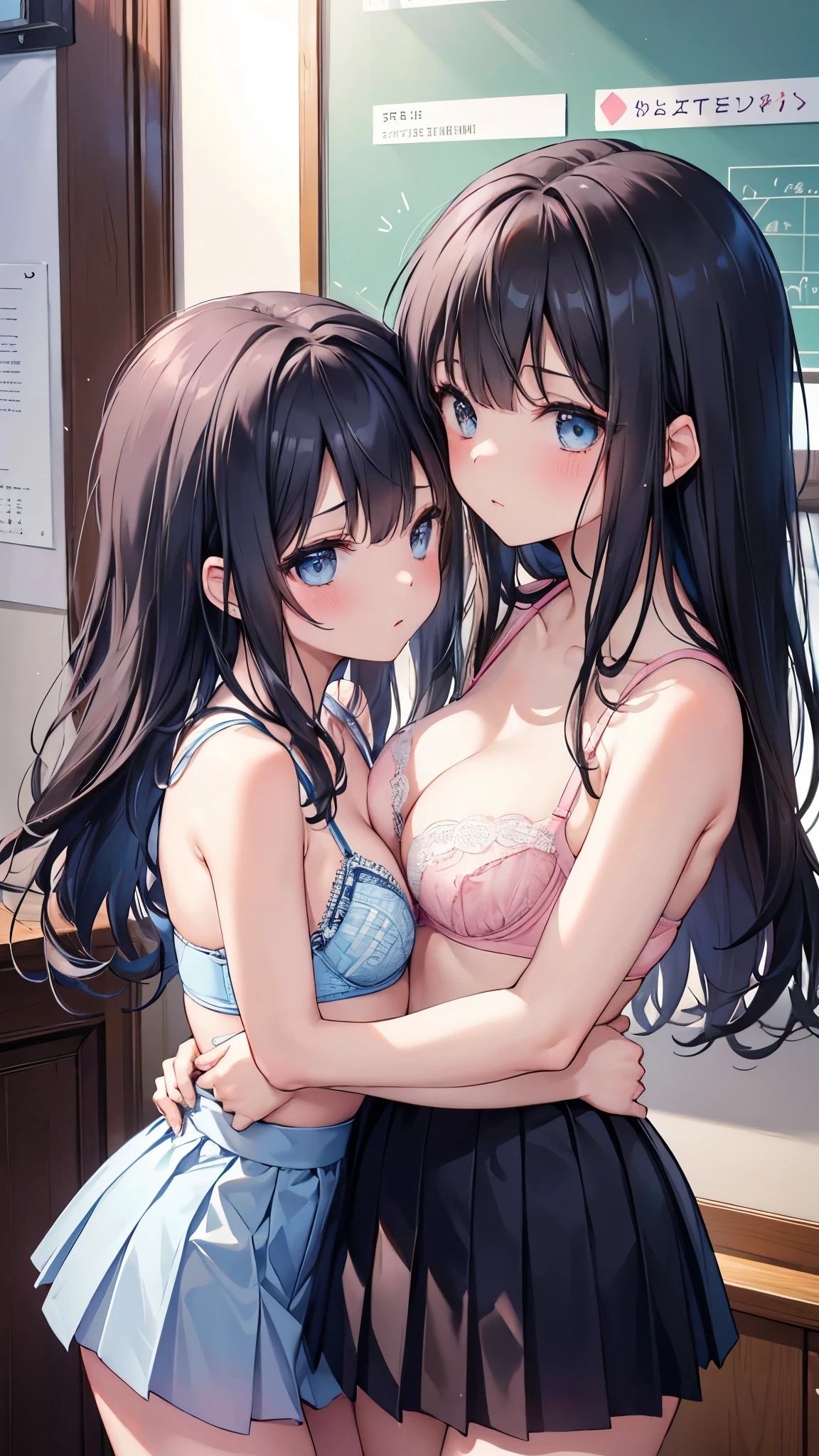 (8K、Highest image quality、highest quality、masterpiece)、detailed face、((two girls:1.2))、black hair、((Short and long hair))、blue eyes、blush、Moderate chest、((pink lace bra))、((light blue lace bra))、black pleated skirt、mini skirt、cowboy shot、hug each other、Kiss、((pose peeping))、Taken from the side、((look away))、classroom background、((nsfw))