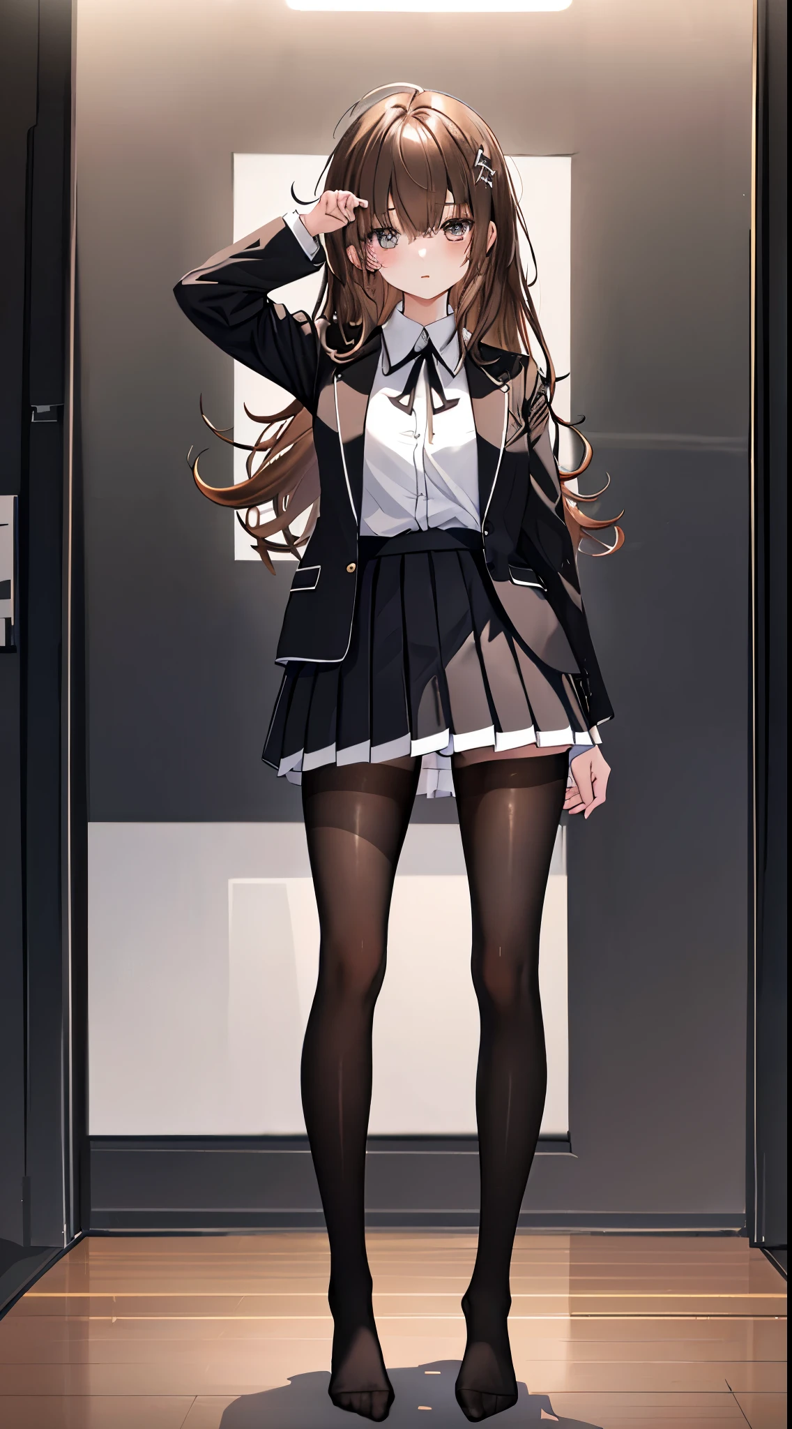 finest, masterpiece, High resolution, (Full body view from head to toe), front, frontやや下からの構図, Symmetrical, 18 year old girl, alone, (whole body from head to toe), small breasts, brown hair, slightly messy hair, long hair, bangs, (black tights), ( (black pantyhose), black pantyhose, (squating pose), show me your white panties, slender beautiful legs, とても美しい18 year old girl, (not wearing shoes), blush, shy big eyes, messy hair, looking at camera, show me your white panties, Blazer uniform appearance、Checkered pleated skirt、Pure white underwear