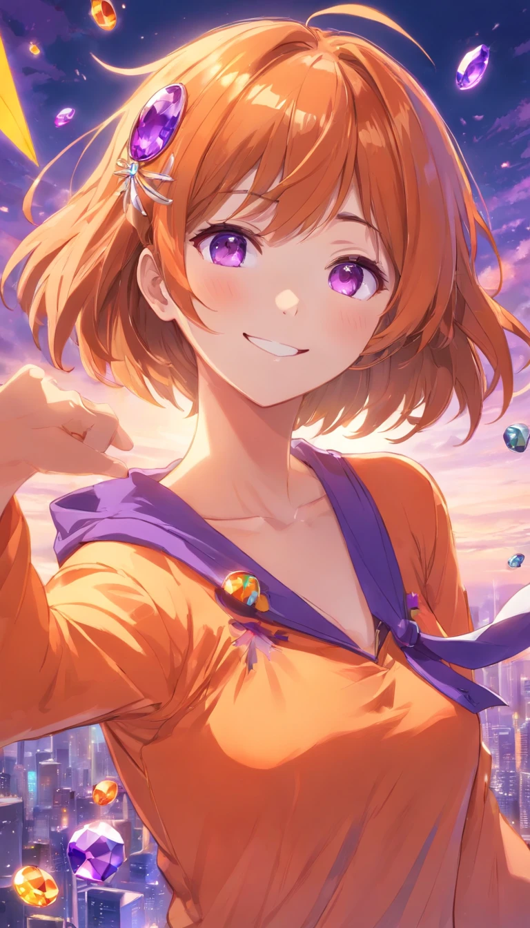 A woman whose image color is orange,big breasts,Purple eyes shining with gemstones,[embarrassed look:1.5]，smile,Look up at your head，beautiful eyes，Cute faces in anime，Orange short bob hair,hands behind head,8k images